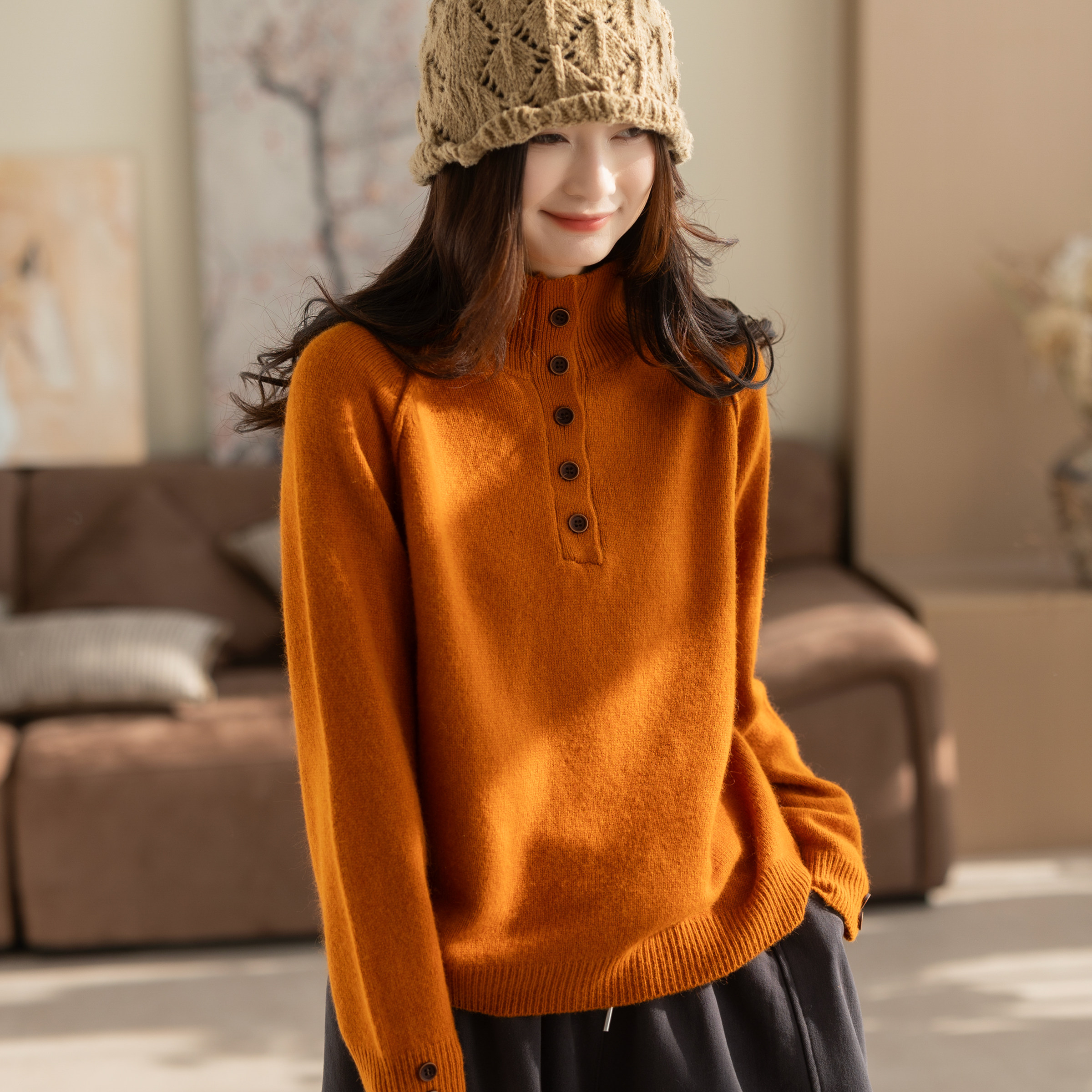 咖咪羽毛衣女秋冬新款48.2%羊毛半高领洋气宽松复古休闲流行女装