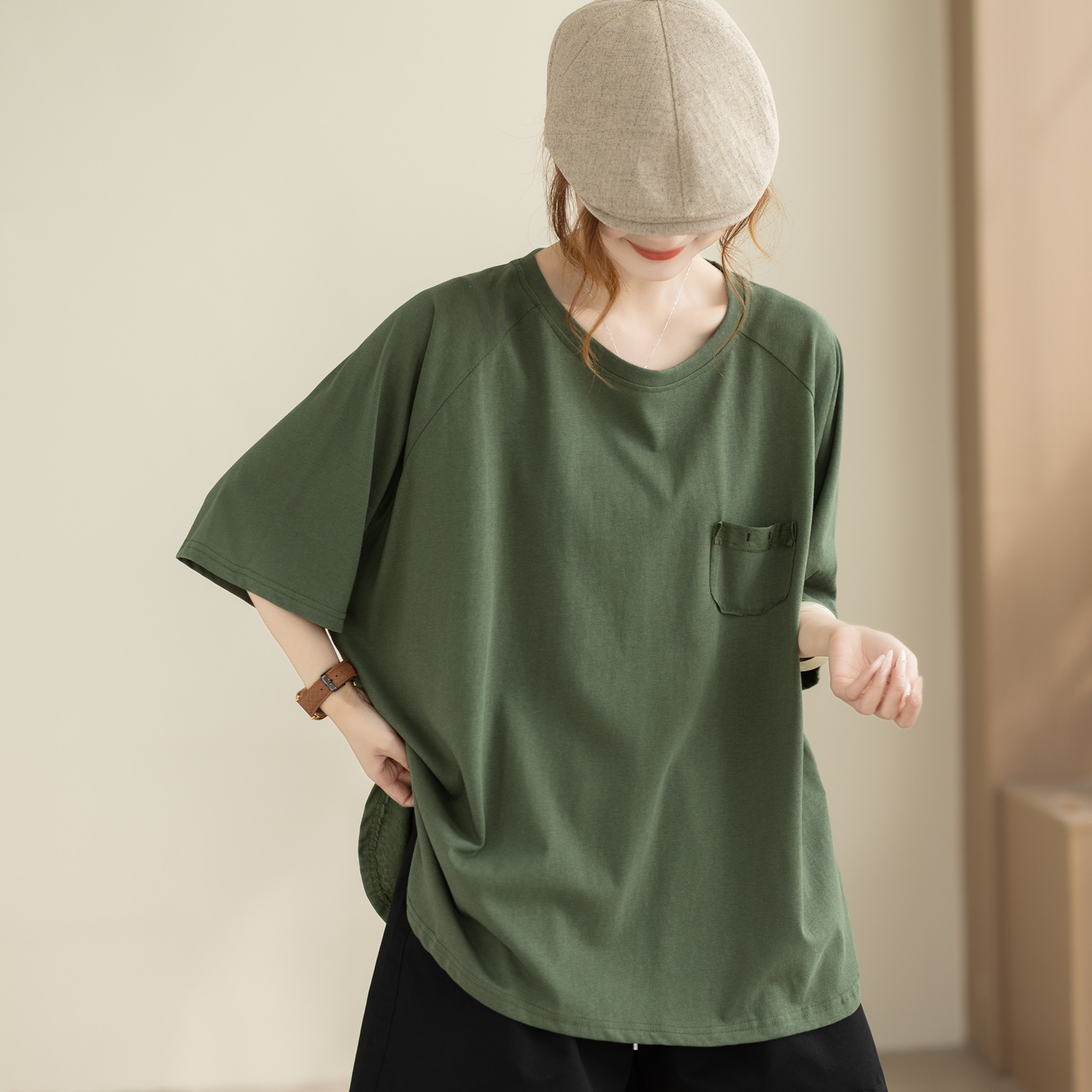 咖咪羽文艺复古绿色短袖 T 恤女夏季宽松设计感棉感休闲百搭上衣