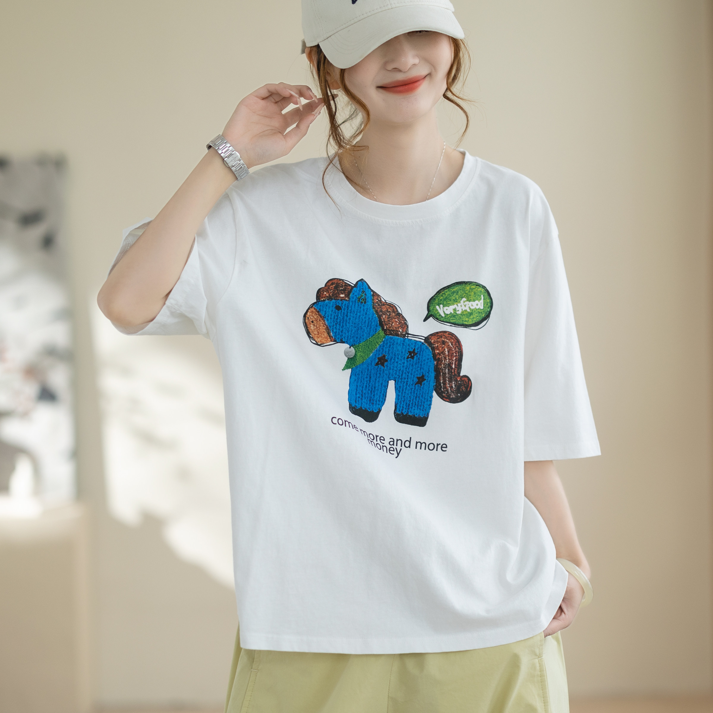 咖咪羽卡通小马印花T恤女夏季新款大码宽松纯棉显瘦百搭短袖上衣