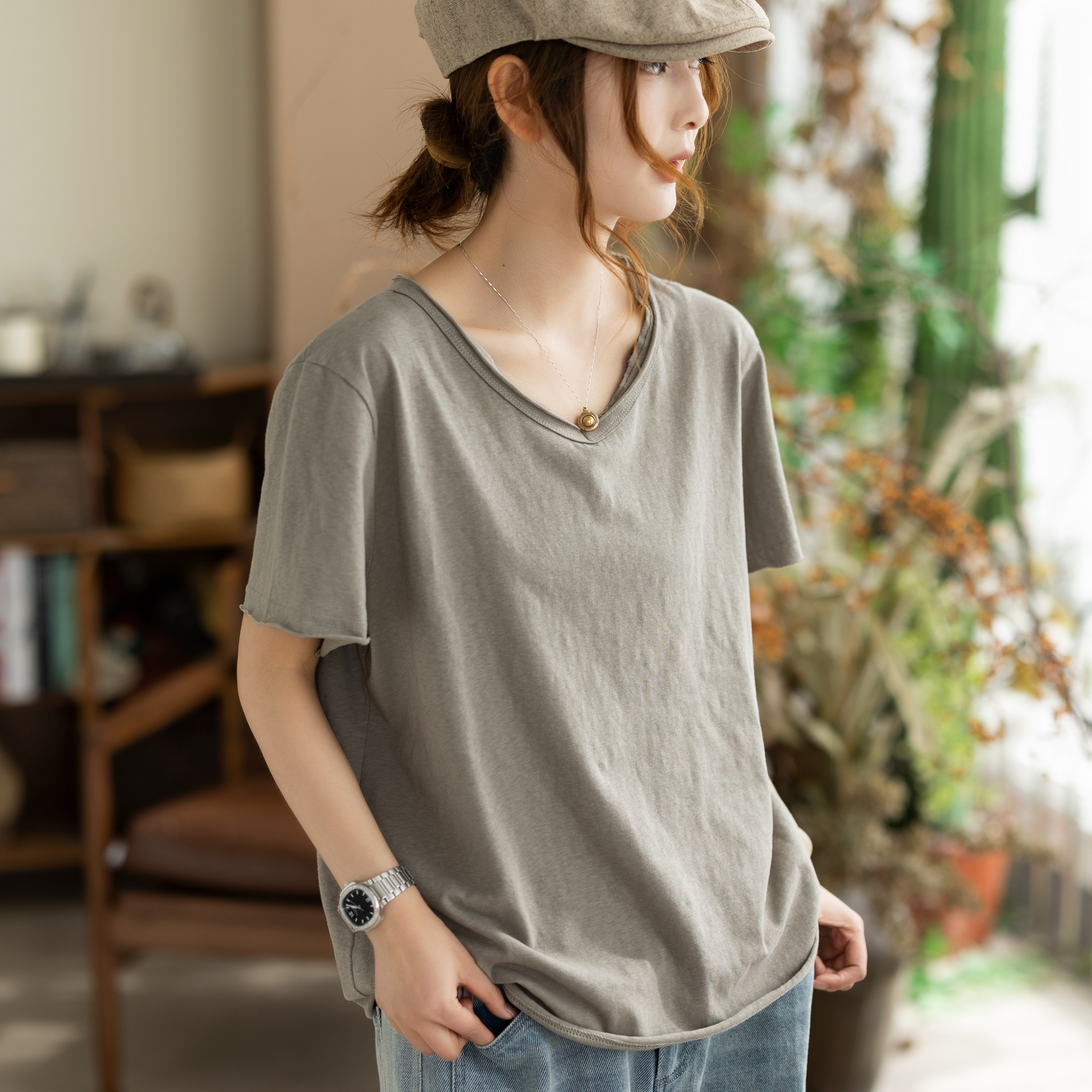 咖咪羽100%棉夏季新款卷边 短袖T恤女宽松显瘦遮肉打底衫女装上衣