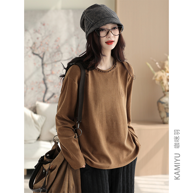 咖咪羽5%羊毛T恤女装新款纯色钩花圆领长袖秋季新款气质上衣