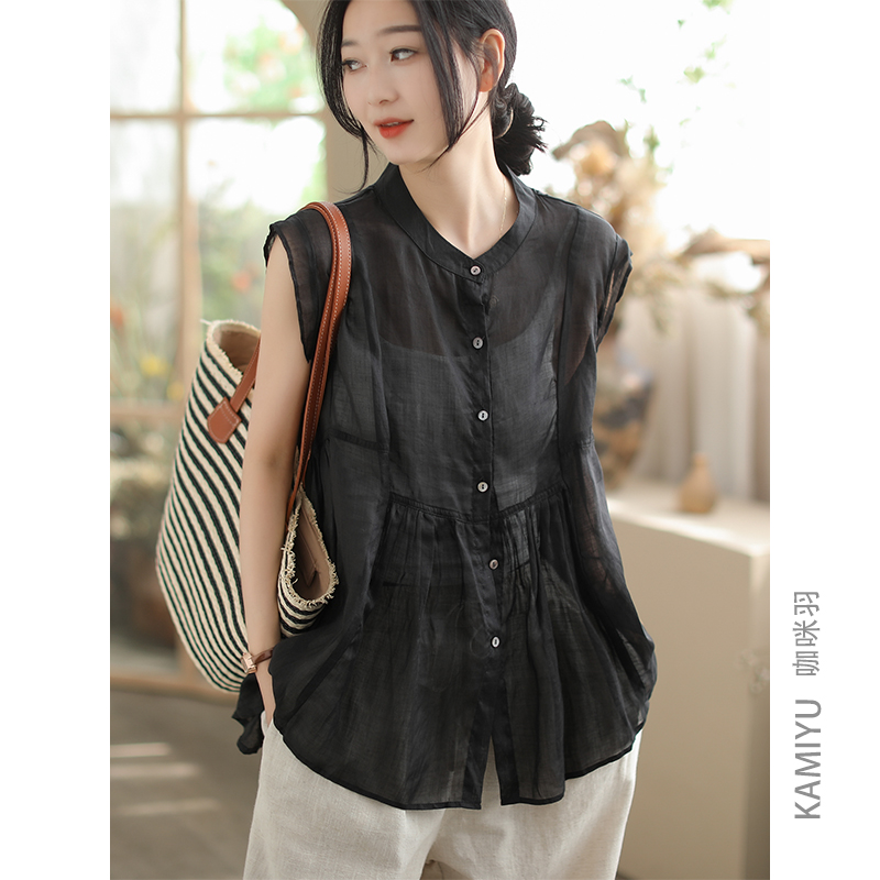 咖咪羽100%苎麻夏季衬衣新款女士文艺收腰显瘦气质百搭女装衬衫女