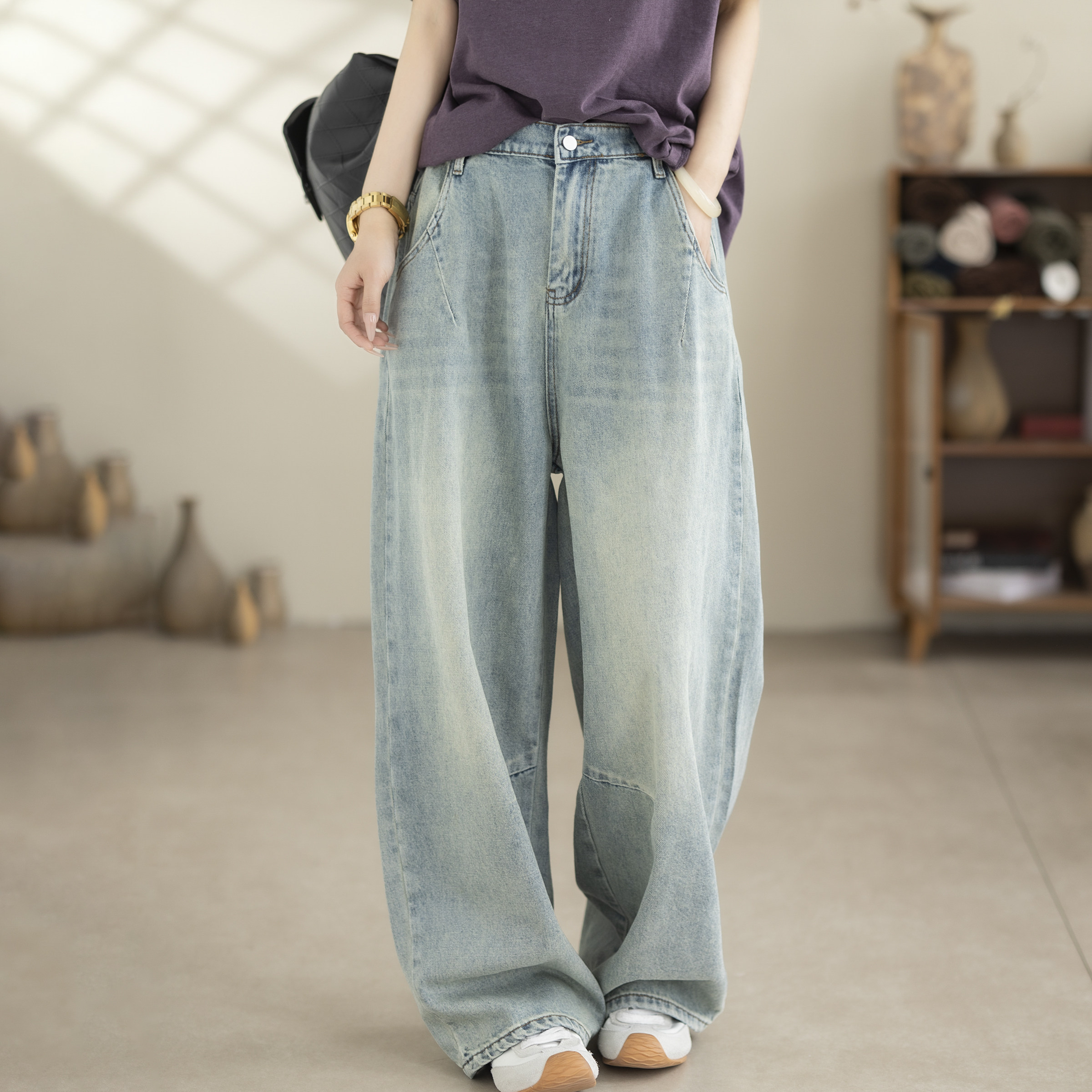 咖咪羽美式复古做旧牛仔裤女高腰宽松阔腿裤显瘦镰刀裤拖地长裤