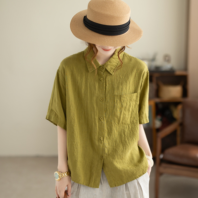 咖咪羽100%亚麻春夏新款复衬衣女宽松翻领短袖显瘦百搭女装上衣