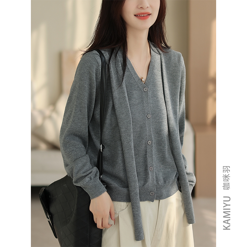 咖咪羽披肩假两件针织开衫6%羊毛混纺秋季韩版百搭显瘦长袖外套女