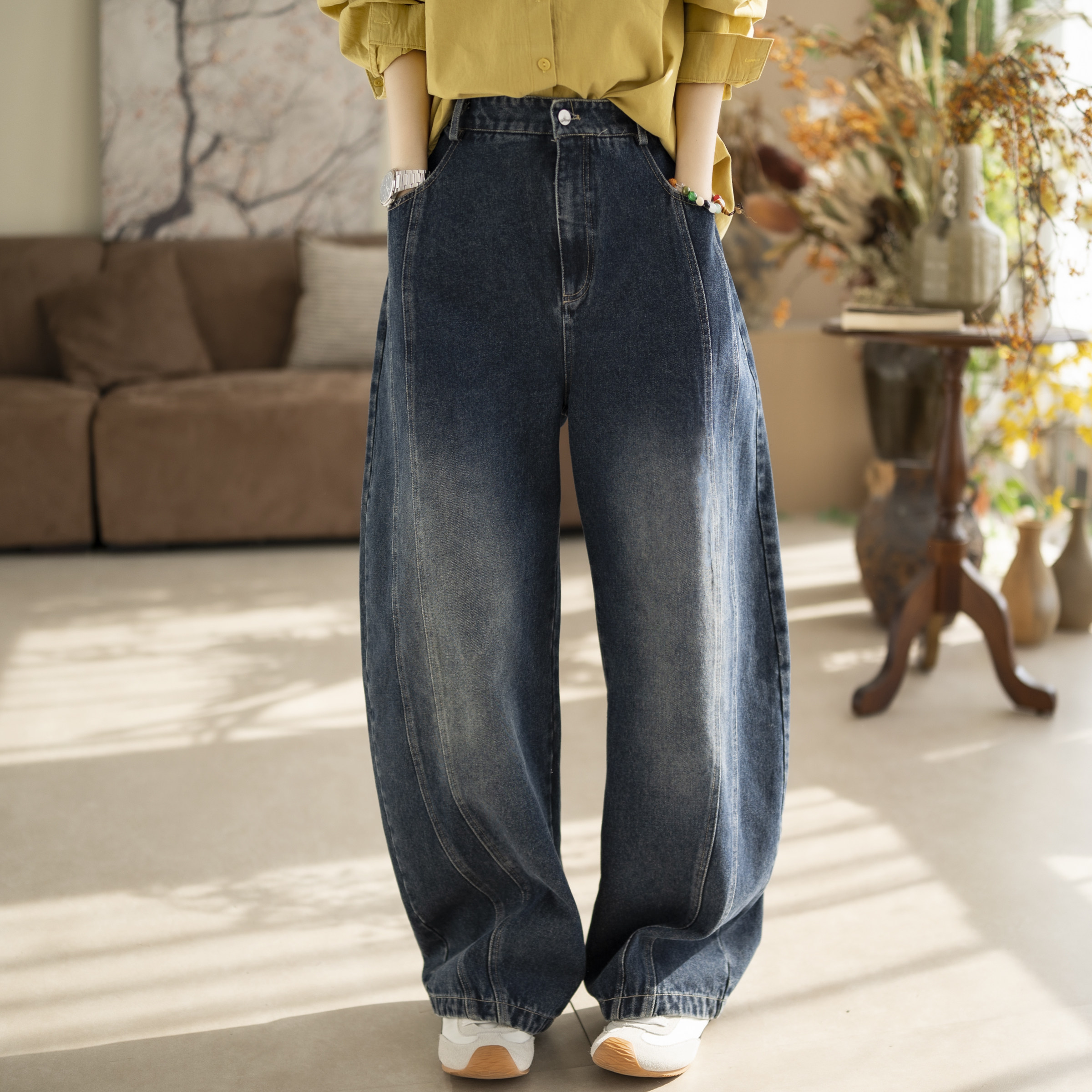 咖咪羽复古水洗弯刀裤宽松显瘦百搭拼接美式阔腿高腰春季牛仔长裤