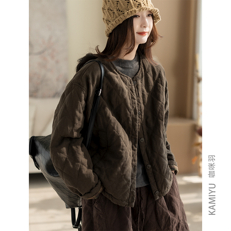咖咪羽棉服女冬装新款棉衣文艺休闲独特女士好看复古女款麻外套厚