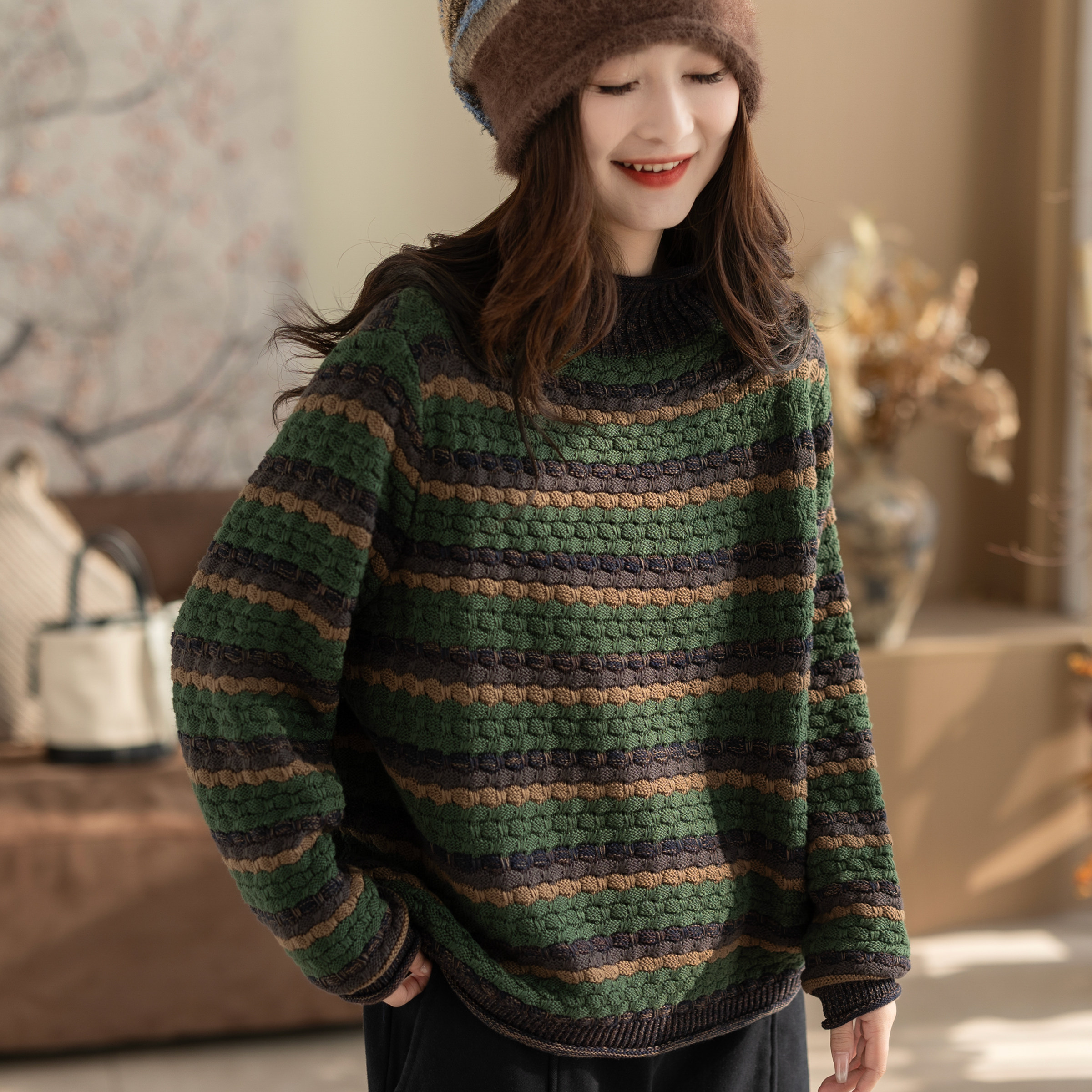 咖咪羽毛衣女秋冬时尚条纹针织复古文艺百搭宽松圆领套头长袖上衣