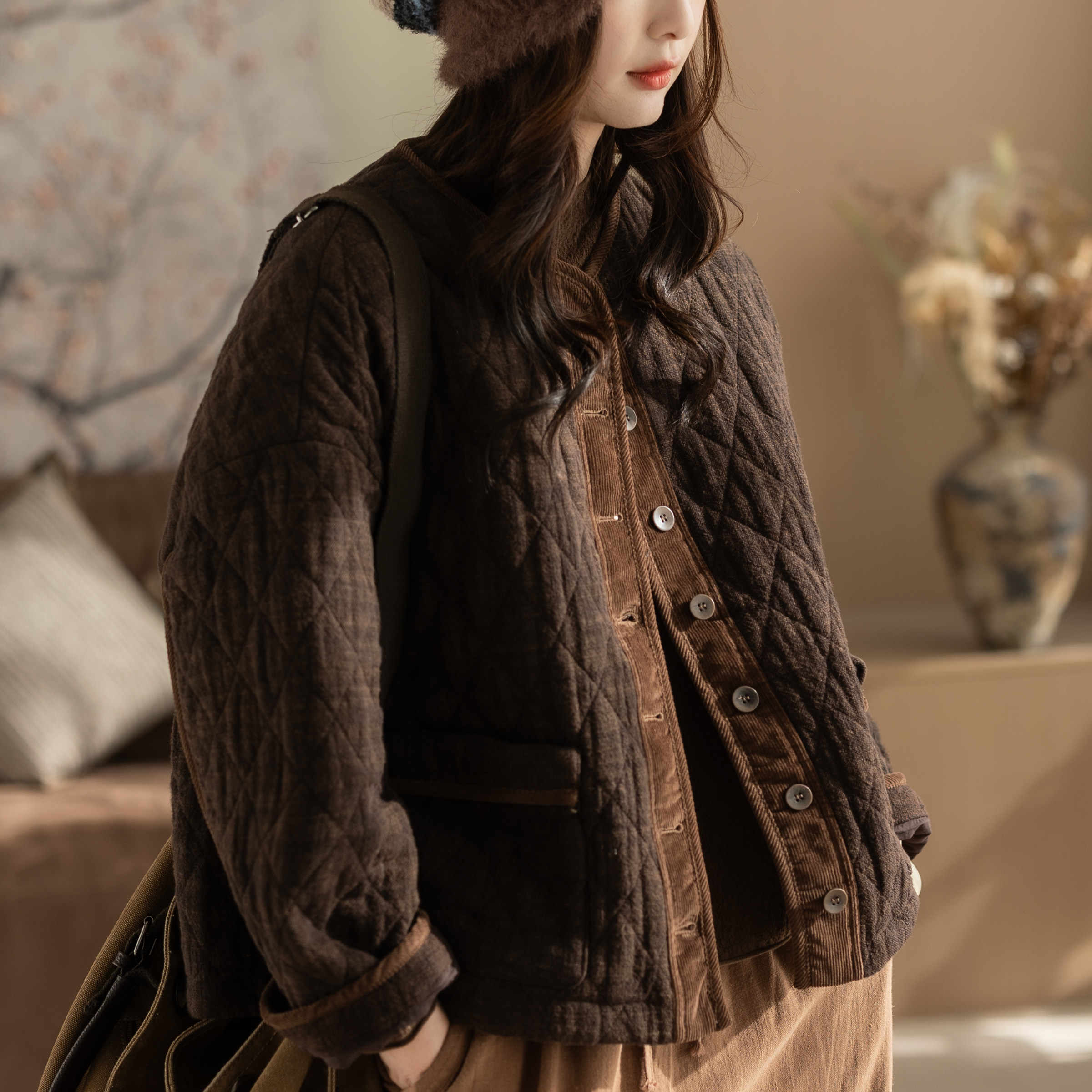 咖咪羽棉衣女冬装新款女士休闲亚麻宽松百搭复古流行好看女装棉袄