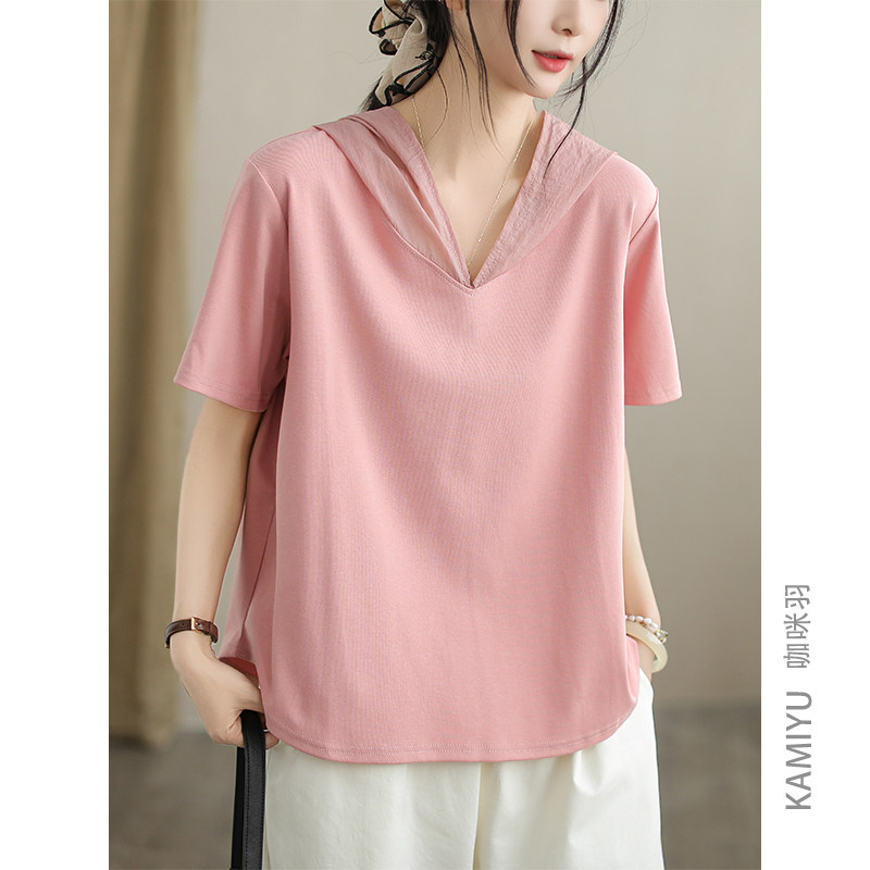 咖咪羽连帽短袖女时尚百搭复古棉质休闲显瘦减龄宽松女装上衣T恤