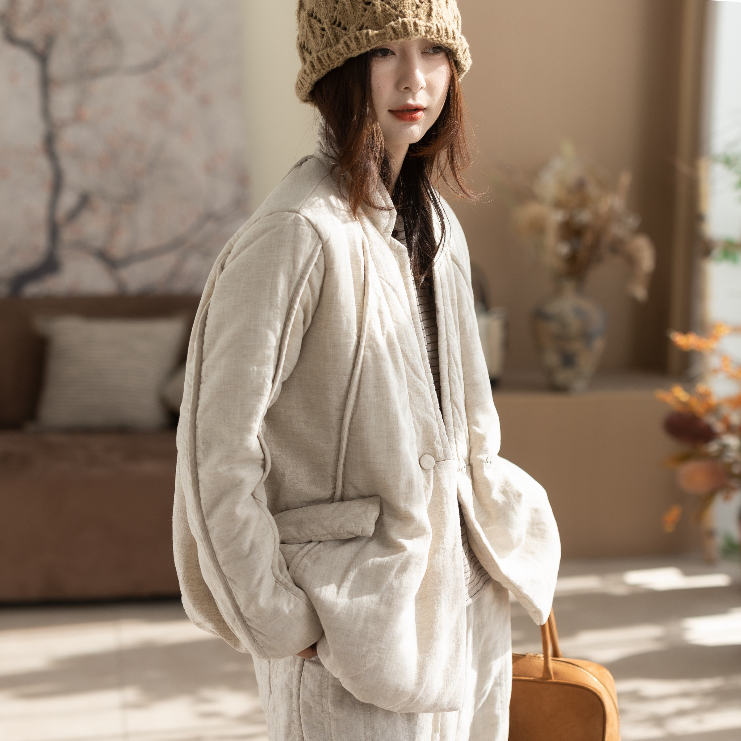 咖咪羽秋冬新款棉服女文艺时尚好看女士棉麻宽松气质显瘦女款上衣