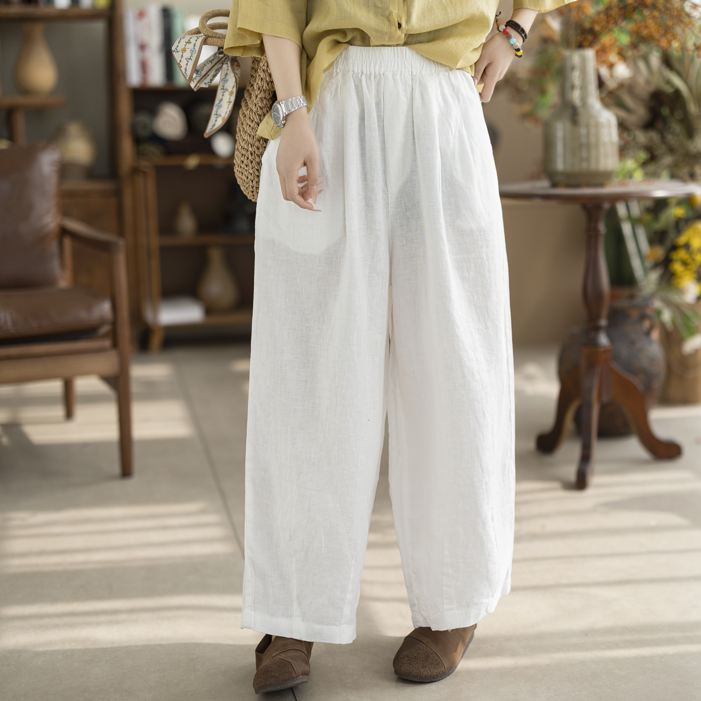 咖咪羽新款亚麻阔腿裤女慵懒风松紧腰宽松显瘦白色时尚女装休闲裤