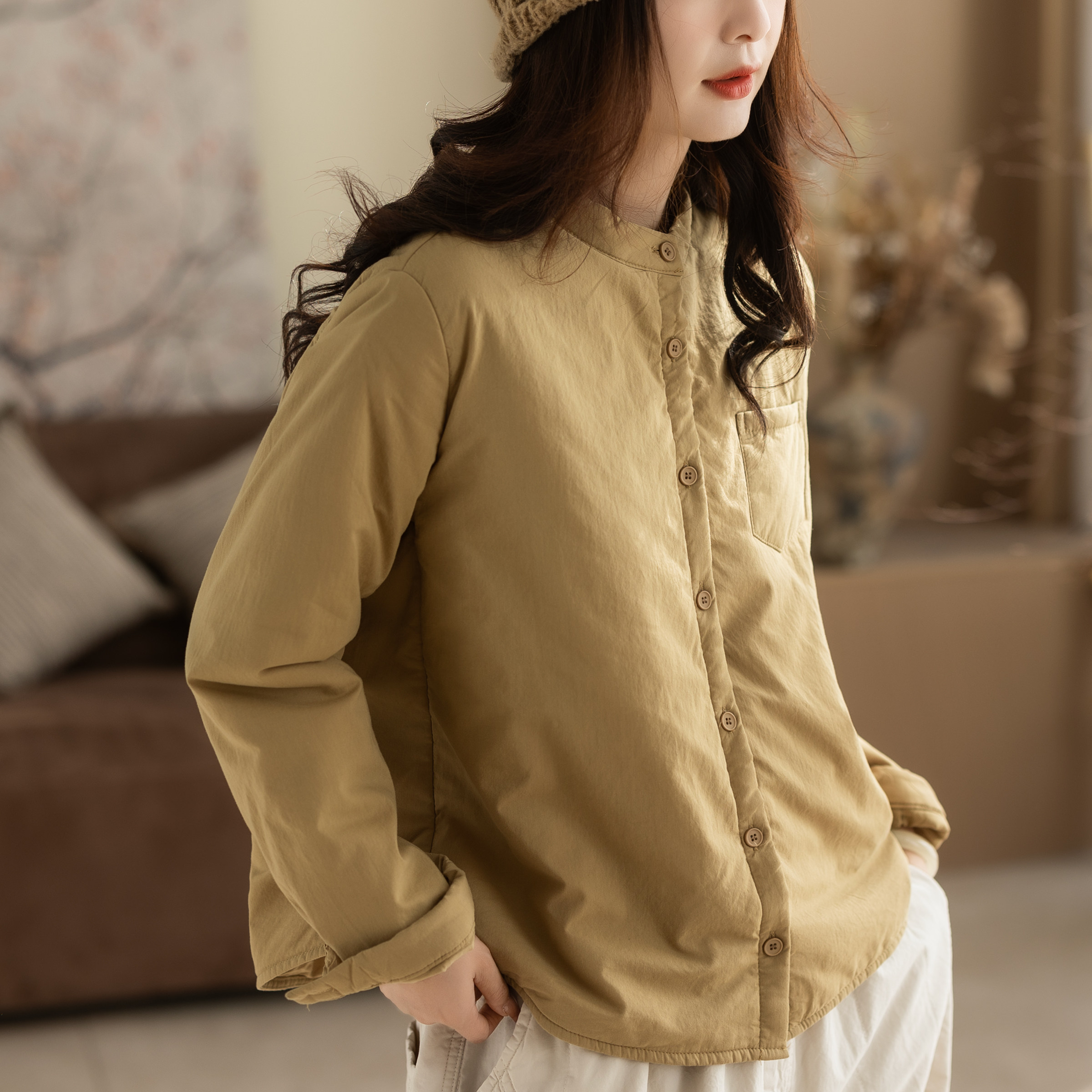 咖咪羽棉服女冬装新款文艺休闲纯色宽松百搭复古时尚女装上衣外套