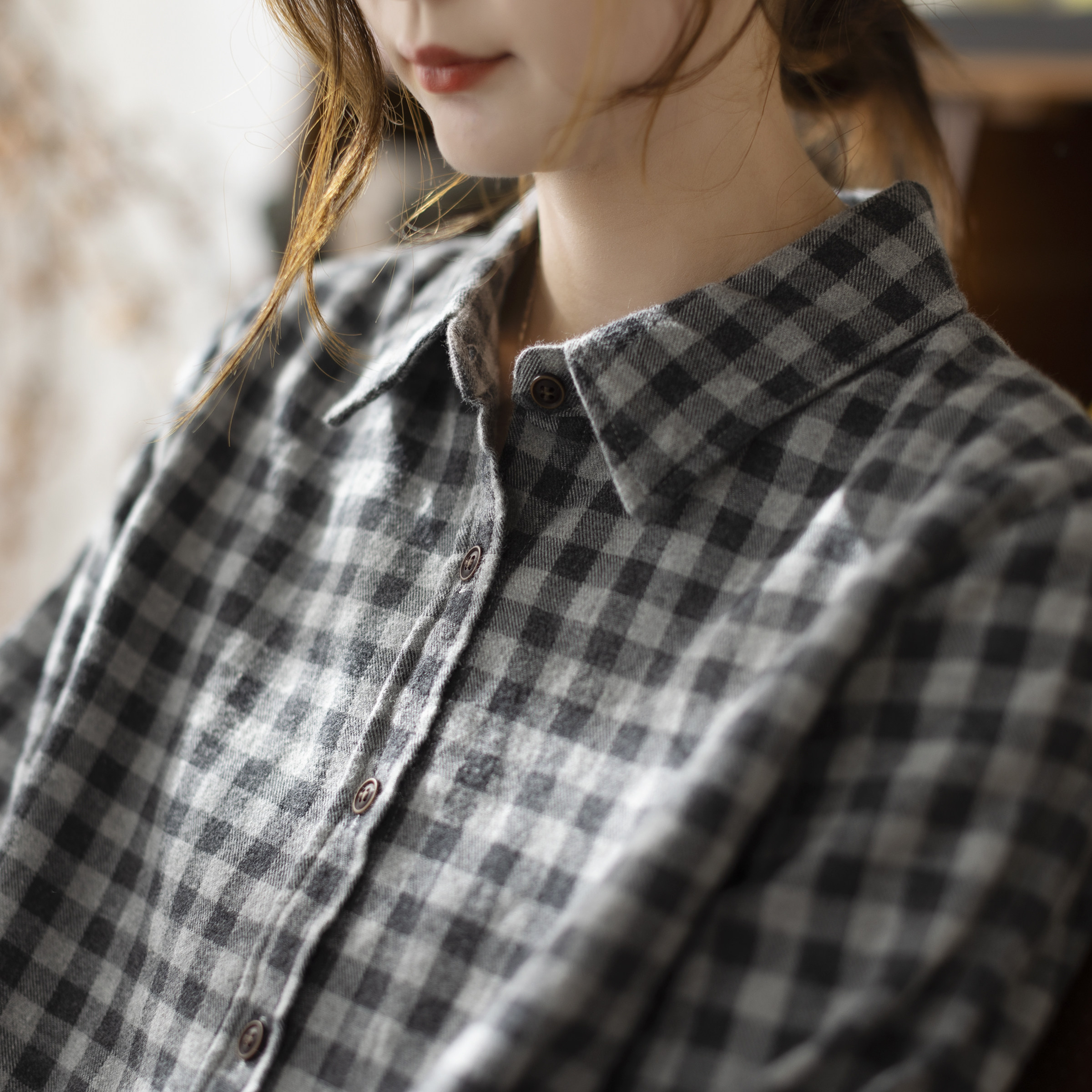 咖咪羽经典格子衬衫百搭纯棉柔软长袖上衣休闲宽松复古开衫上衣