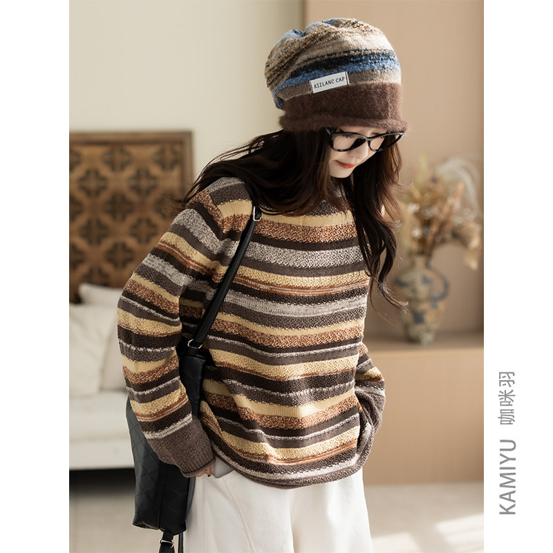 咖咪羽毛衣女秋冬新款高领棉线女士休闲条纹百搭复古女装上衣内搭