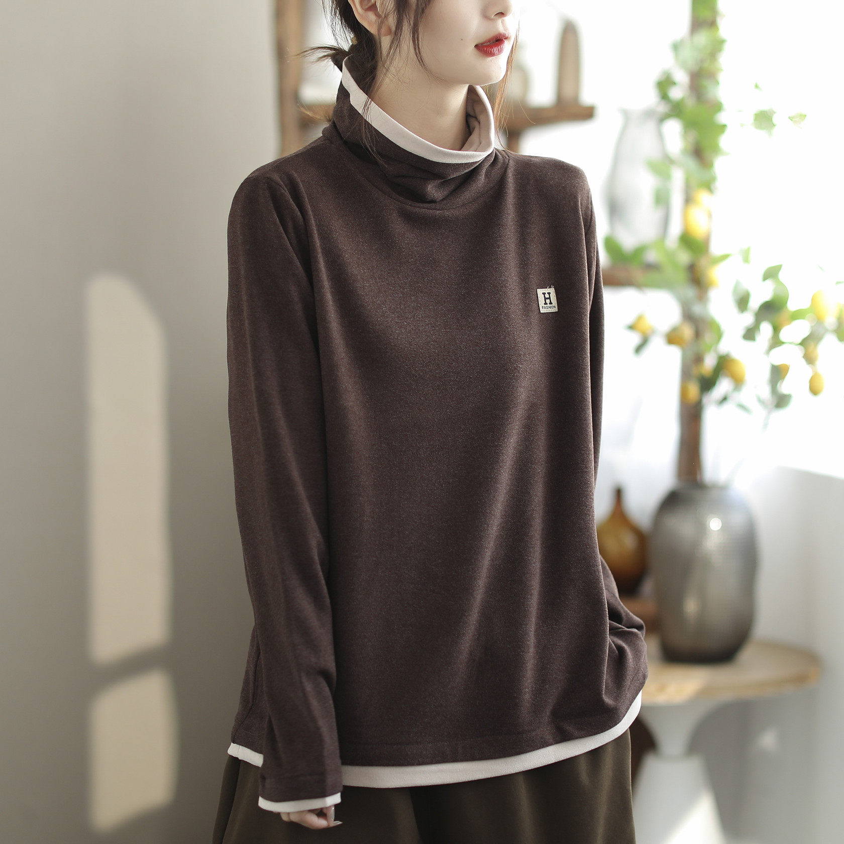 咖咪羽假两件设计款打底绒衫女冬新款气质堆堆领上衣德绒保暖卫衣