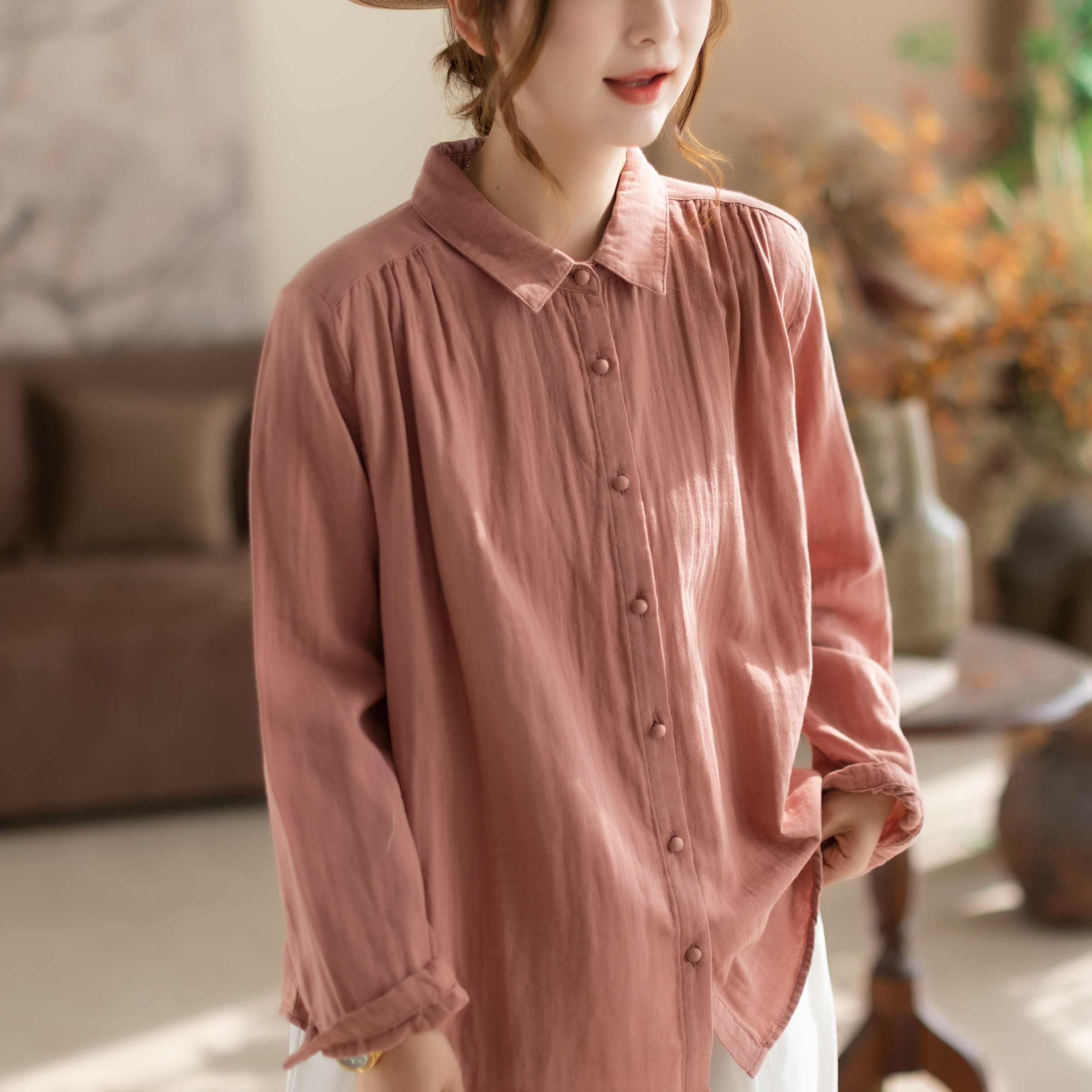 咖咪羽100%棉衬衫女休闲亲肤透气女士宽松翻领小衫流行女装开衫