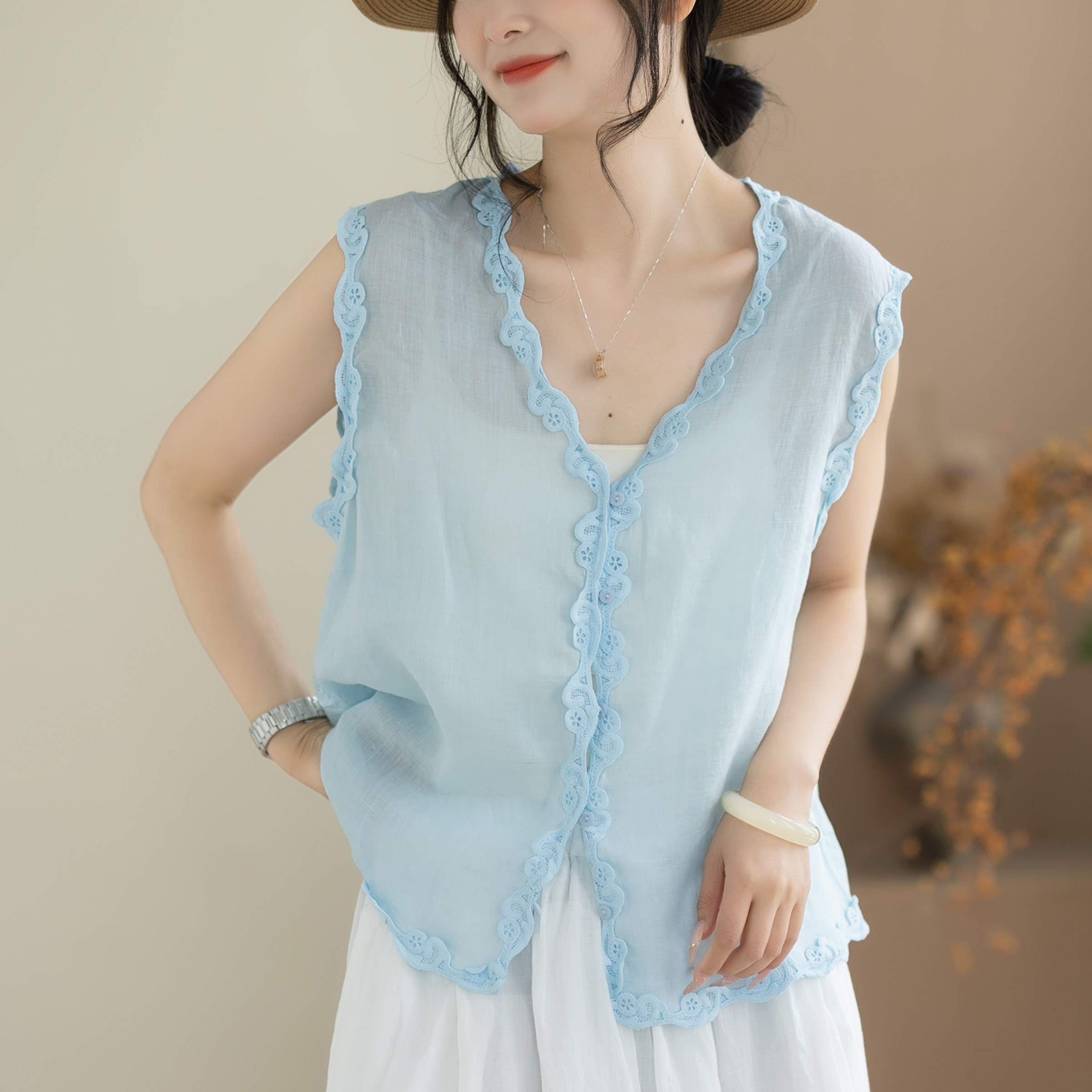 咖咪羽100%苎麻夏季花边 V领马甲女宽松显瘦无袖开衫外搭小上衣潮