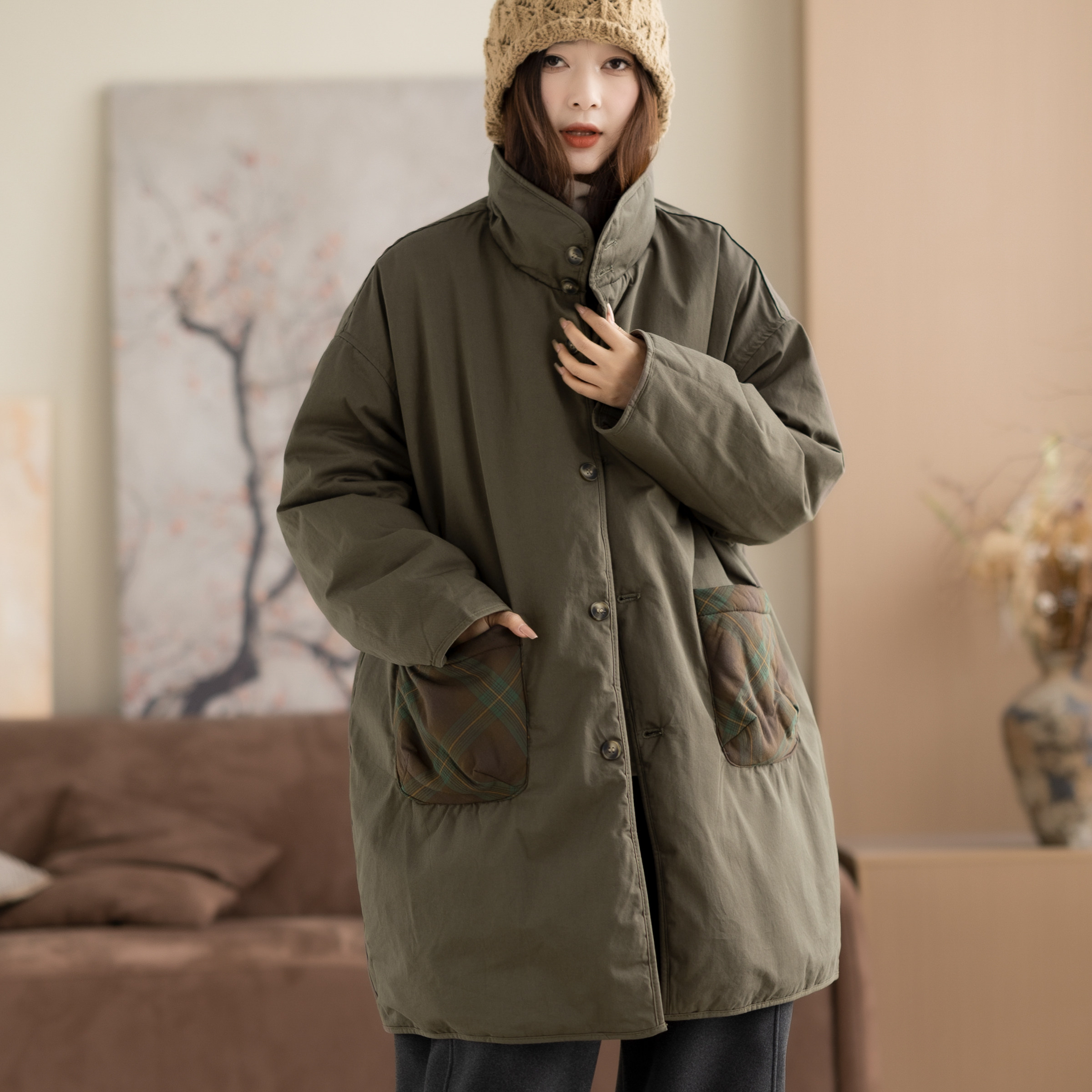 咖咪羽【正反两面穿】 复古纯棉加厚棉服冬季中长款夹棉保暖上衣