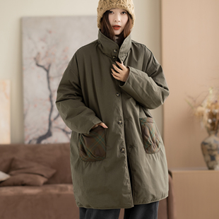 咖咪羽【正反两面穿】 复古纯棉加厚棉服冬季中长款夹棉保暖上衣