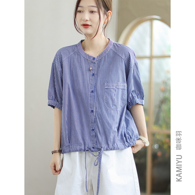 2025新款全棉衬衫短袖女文艺休闲时尚宽松拼接通勤女装上衣短袖