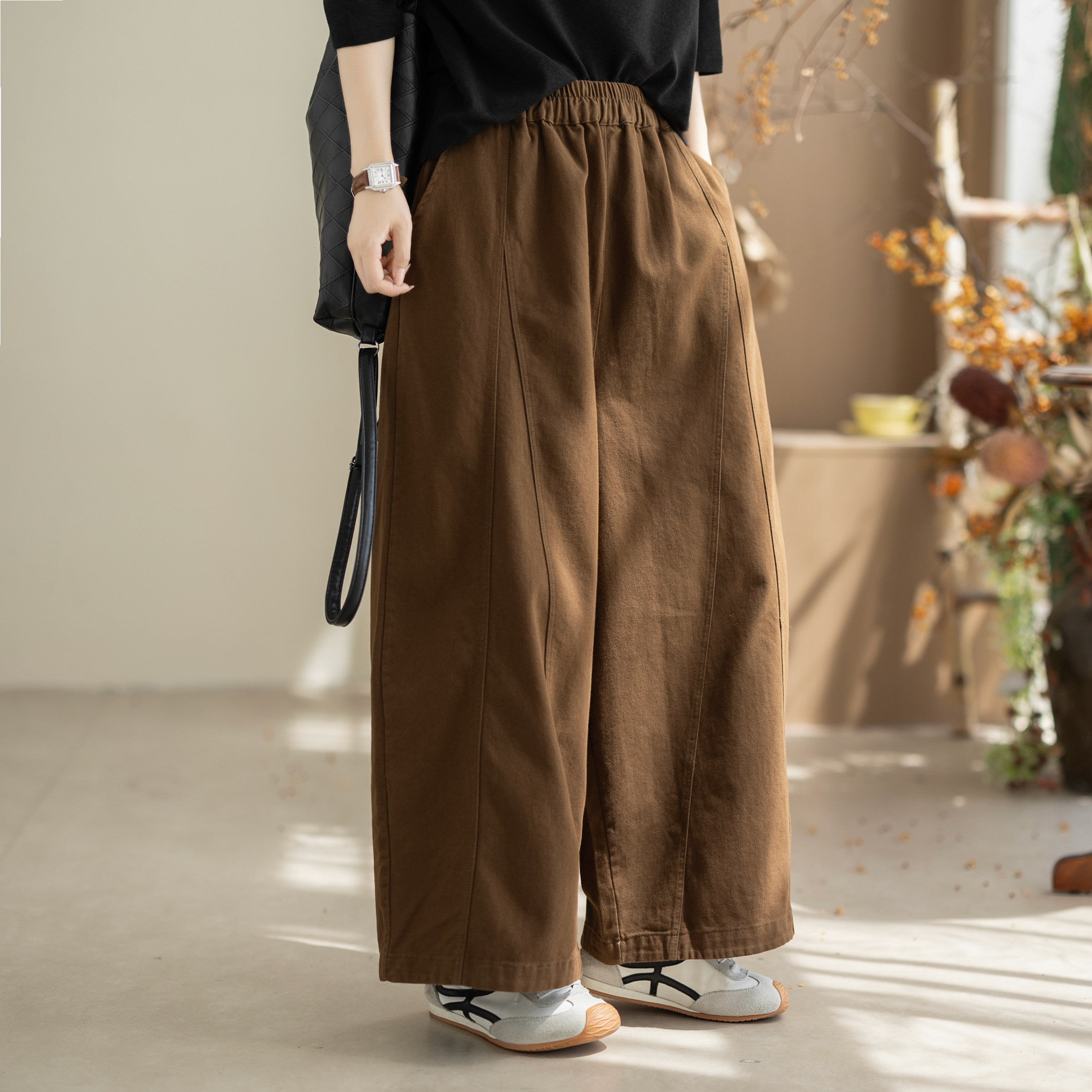 咖咪羽松弛拼接阔腿裤女春秋新款大码洋气时髦文艺女装休闲裤女