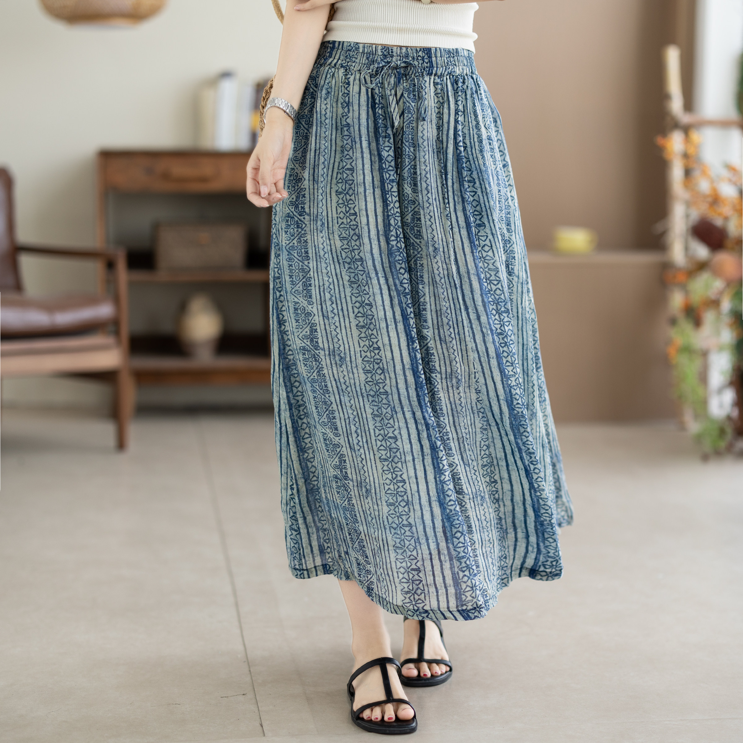 咖咪羽纯苎麻清新碎花半身裙女夏季新款A字大摆裙文艺女装裙子女