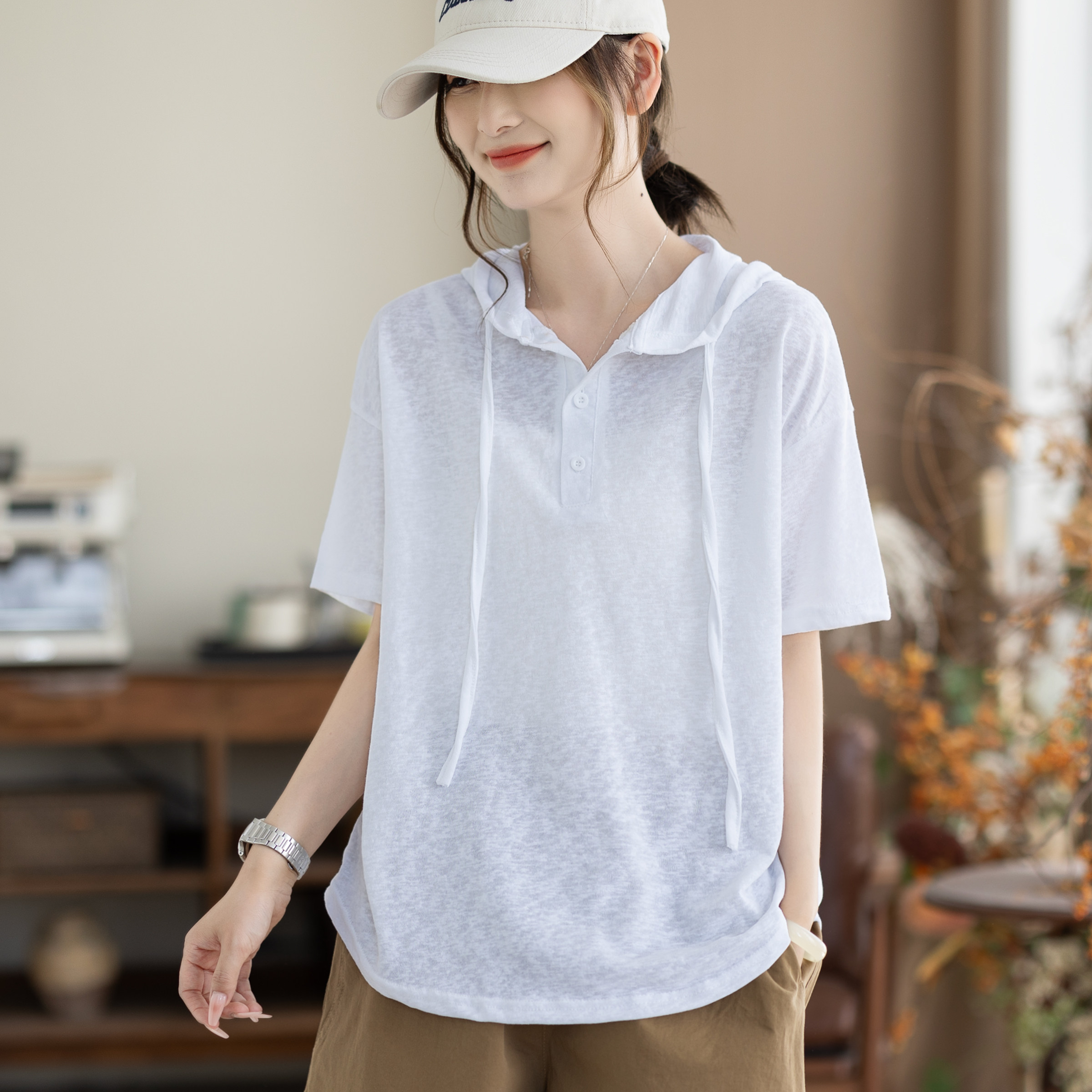 咖咪羽短袖休闲百搭白色防晒衫韩系松弛感减龄上衣 连帽女装T恤女