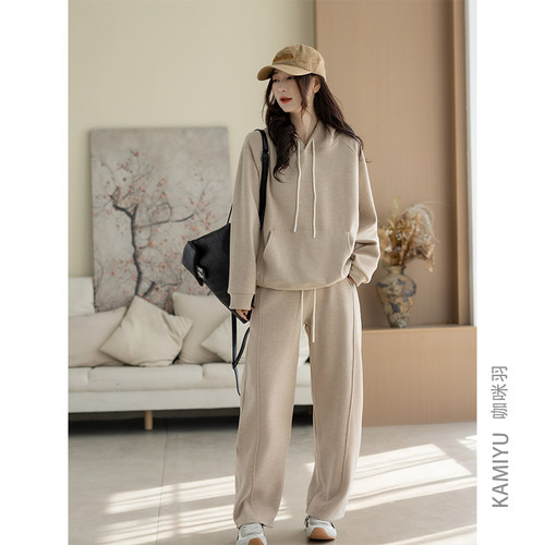 咖咪羽套装女秋冬新款女士卫衣宽松纯色拼接百搭时尚女装运动卫裤