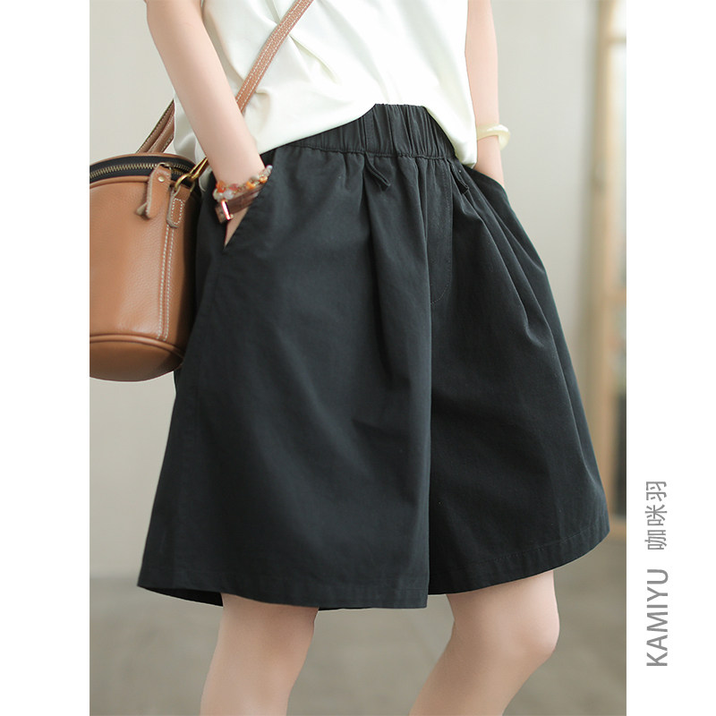 咖咪羽100%棉休闲短裤女时尚纯色百搭复古女士气质女装五分裤潮