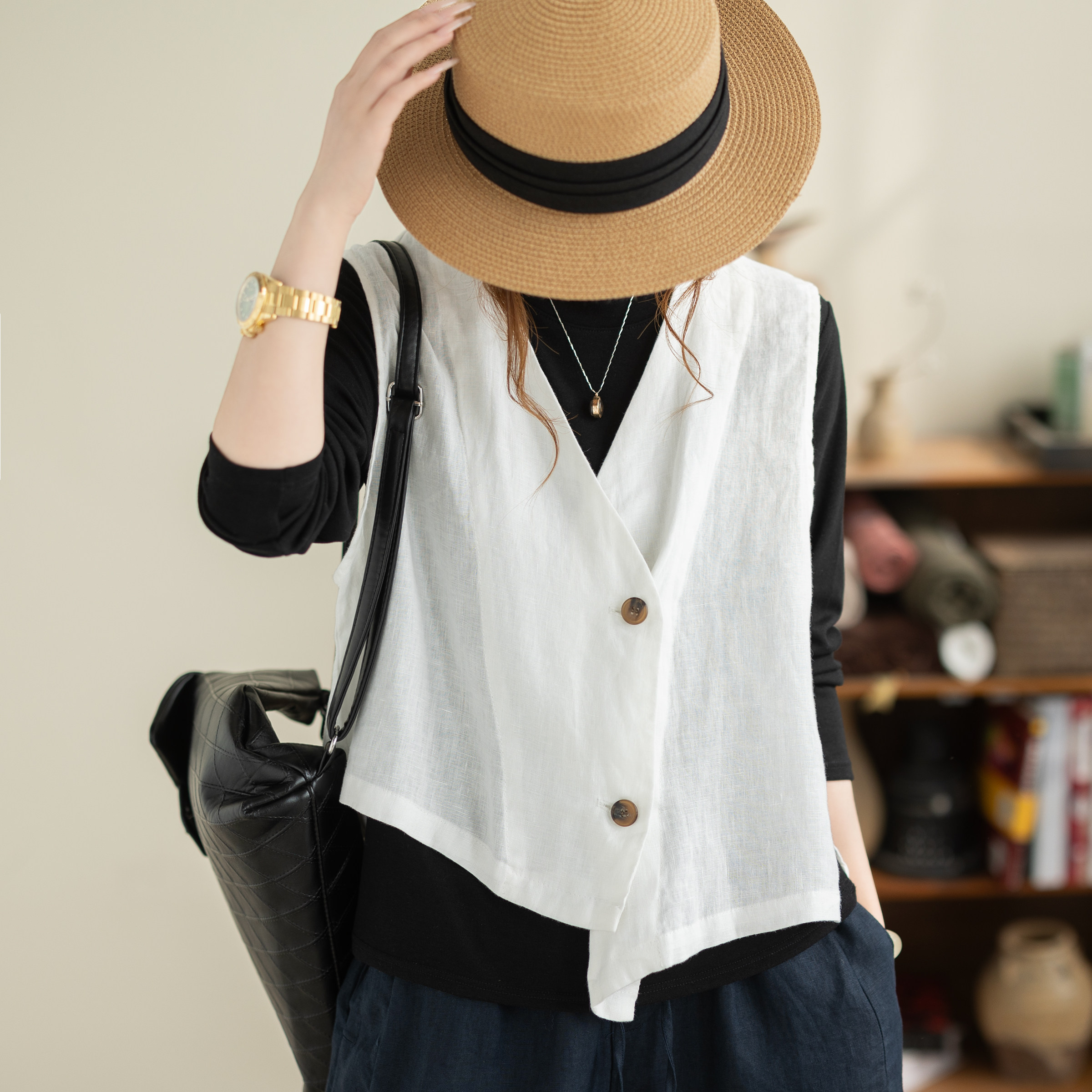 咖咪羽100%亚麻极简风无袖马甲女宽松V领单排扣叠穿春夏女装马夹