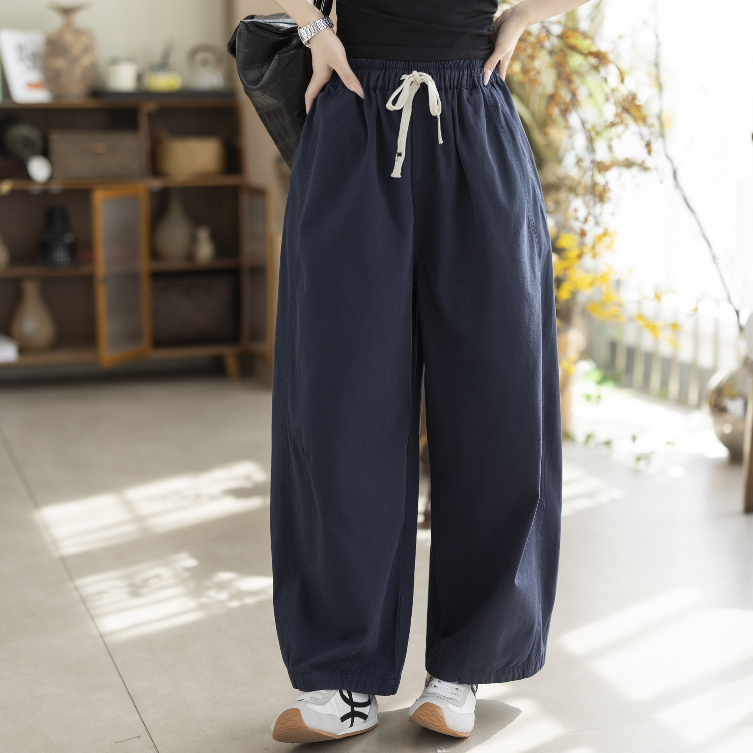 咖咪羽休闲裤女100%棉新款藏青色宽松休闲抽绳松紧腰显瘦百搭长裤