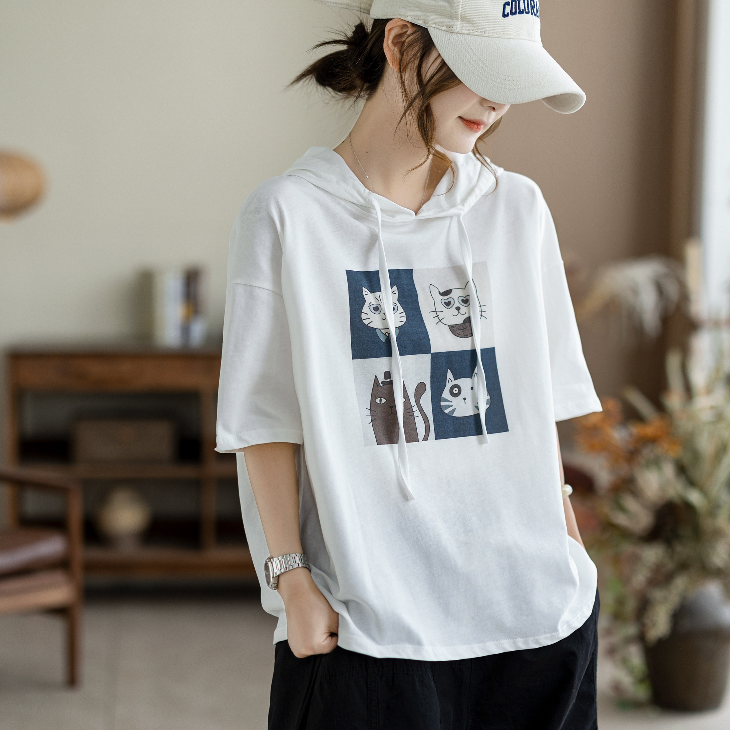 咖咪羽全棉T恤女夏季新款印花连帽宽松显瘦减龄百搭休闲女装短袖