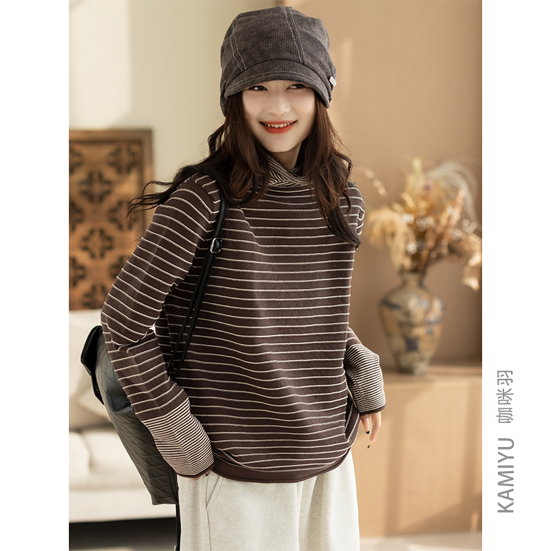 打底衫女秋冬新款女式高领百搭复古时尚洋气宽松休闲条纹女装上衣
