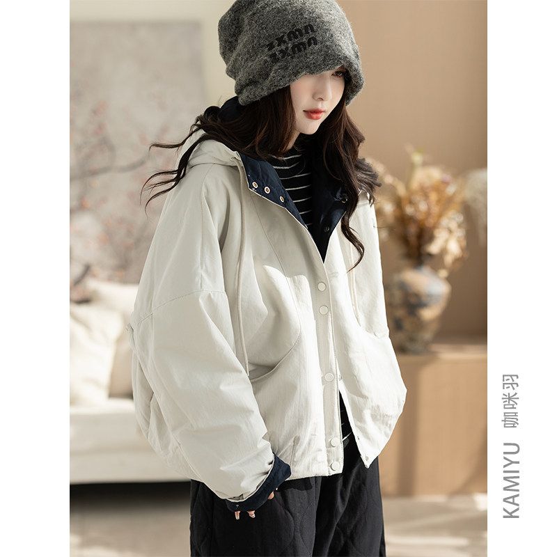 咖咪羽外套女秋冬新款时尚棉衣棉服女士连帽简约气质复古女装上衣
