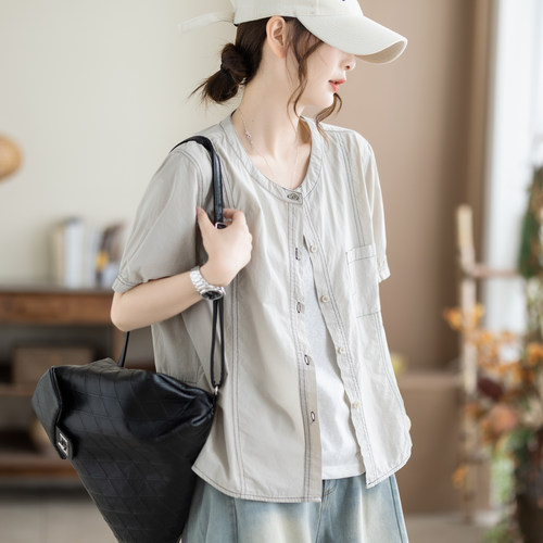 咖咪羽圆领短袖衬衫女夏季新款好看衬衣宽松复古通勤休闲女装上衣