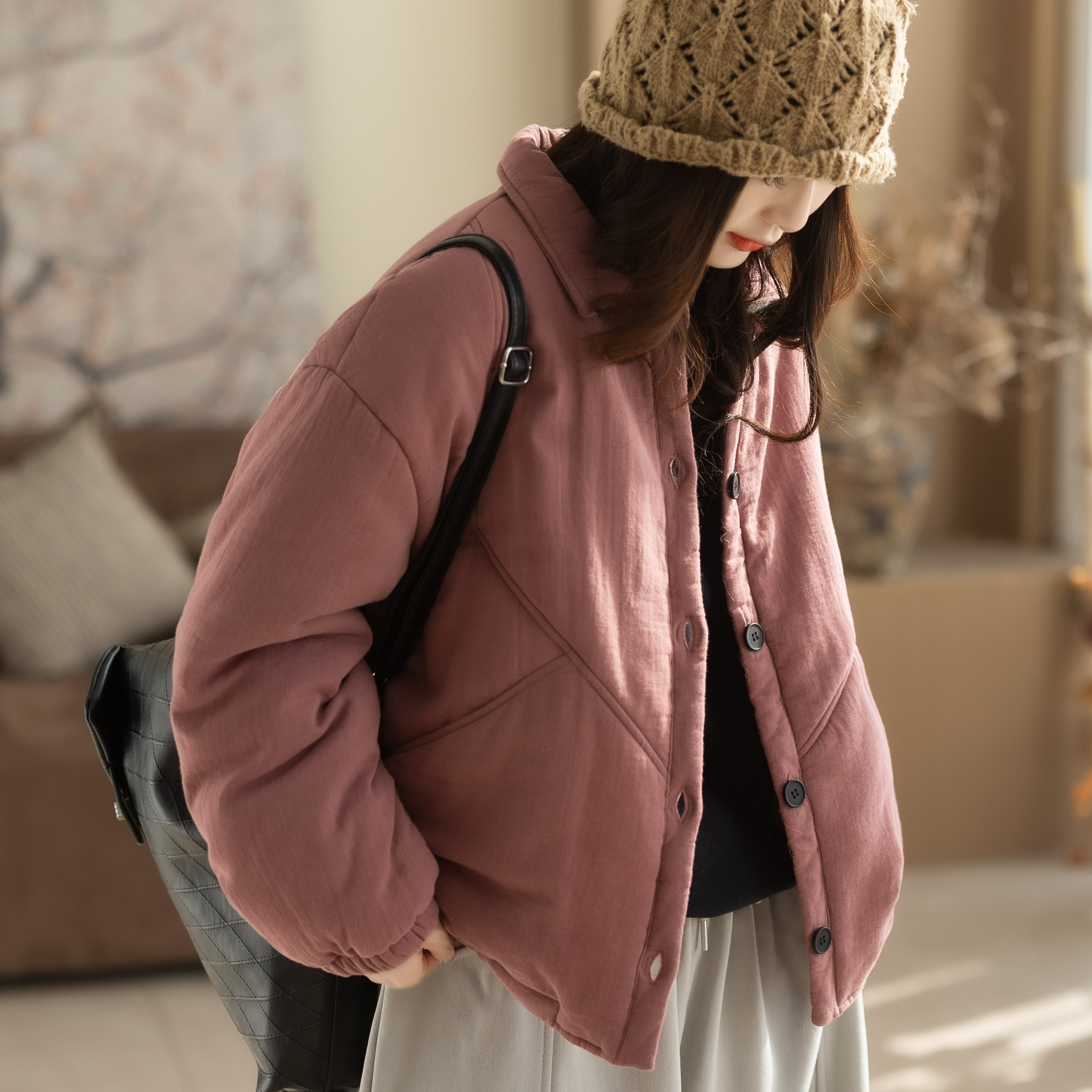 咖咪羽棉服女冬装新款女士全棉文艺洋气纯色复古休闲宽松女装棉袄