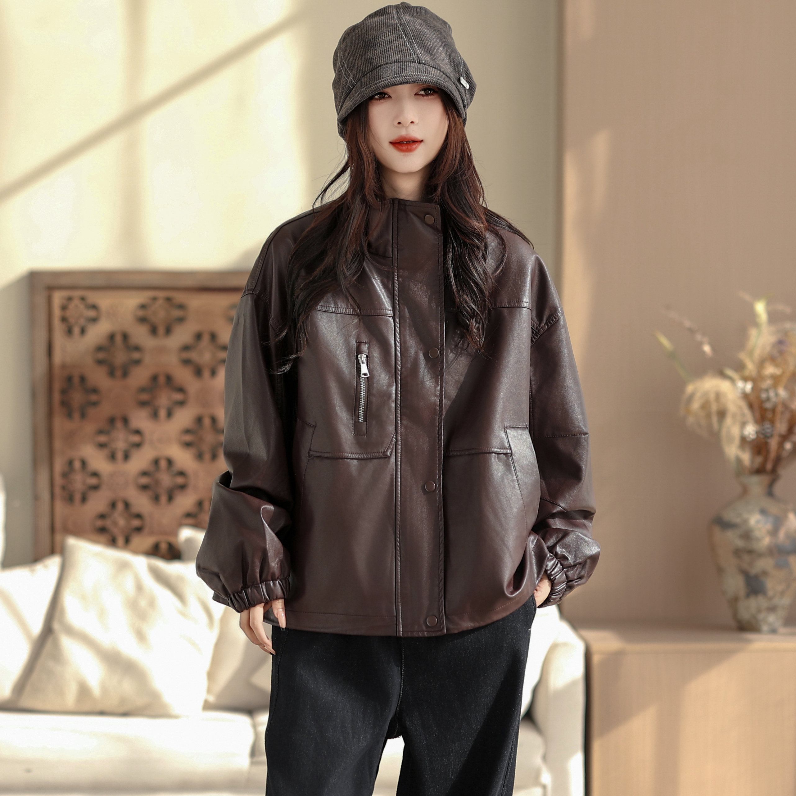 咖咪羽皮衣外套女冬装新款时尚纯色百搭宽松拼接流行好看女装上衣