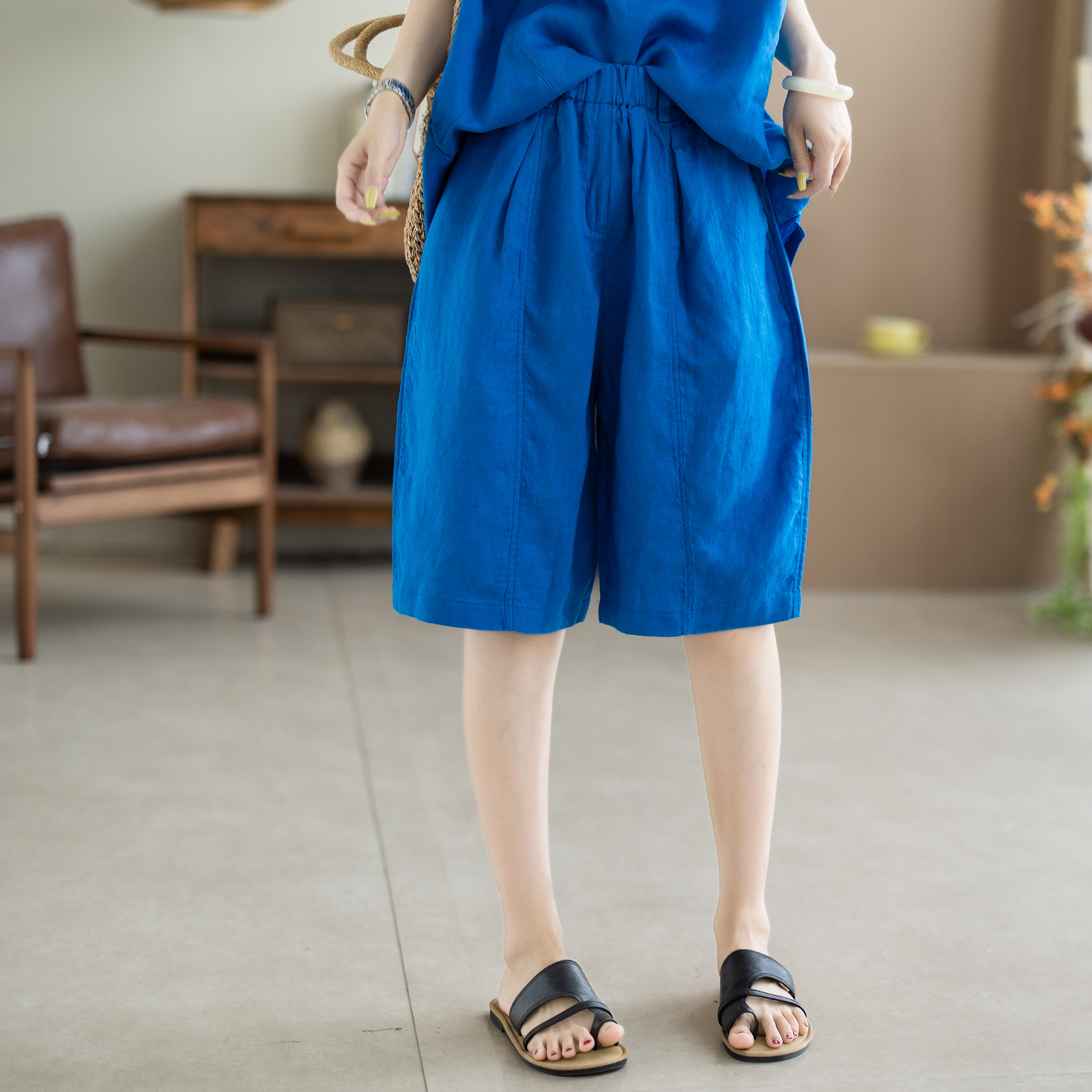 咖咪羽100%亚麻休闲裤女文艺女士五分裤夏季薄款宽松女装短裤