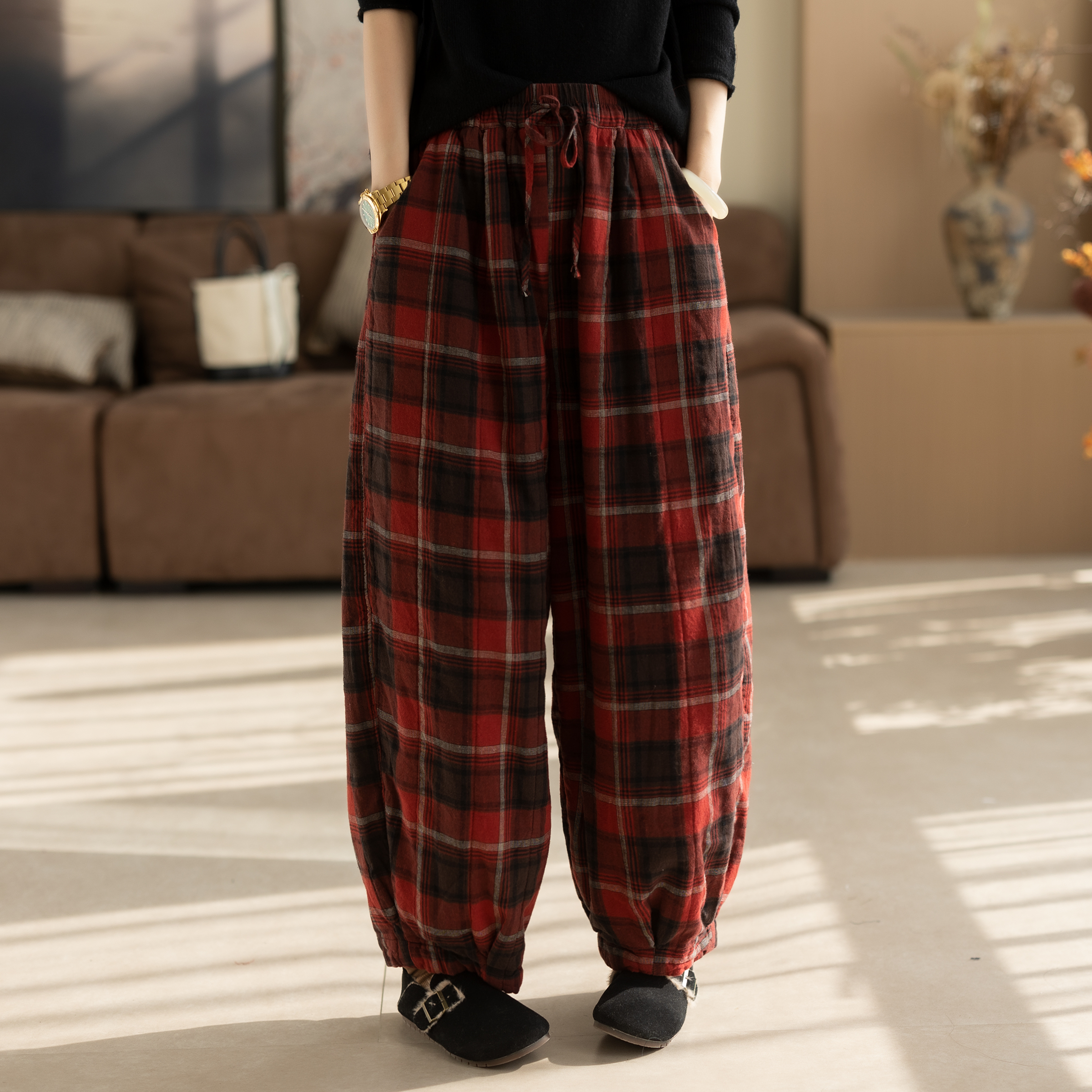 咖咪羽格子棉裤女冬装直筒文艺宽松百搭复古女士气质女装休闲裤厚