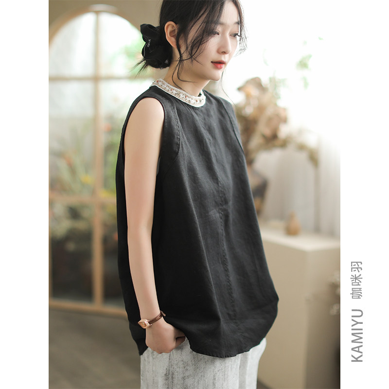 咖咪羽100%亚麻背心女夏季新款休闲无袖时尚宽松拼接气质女装上衣