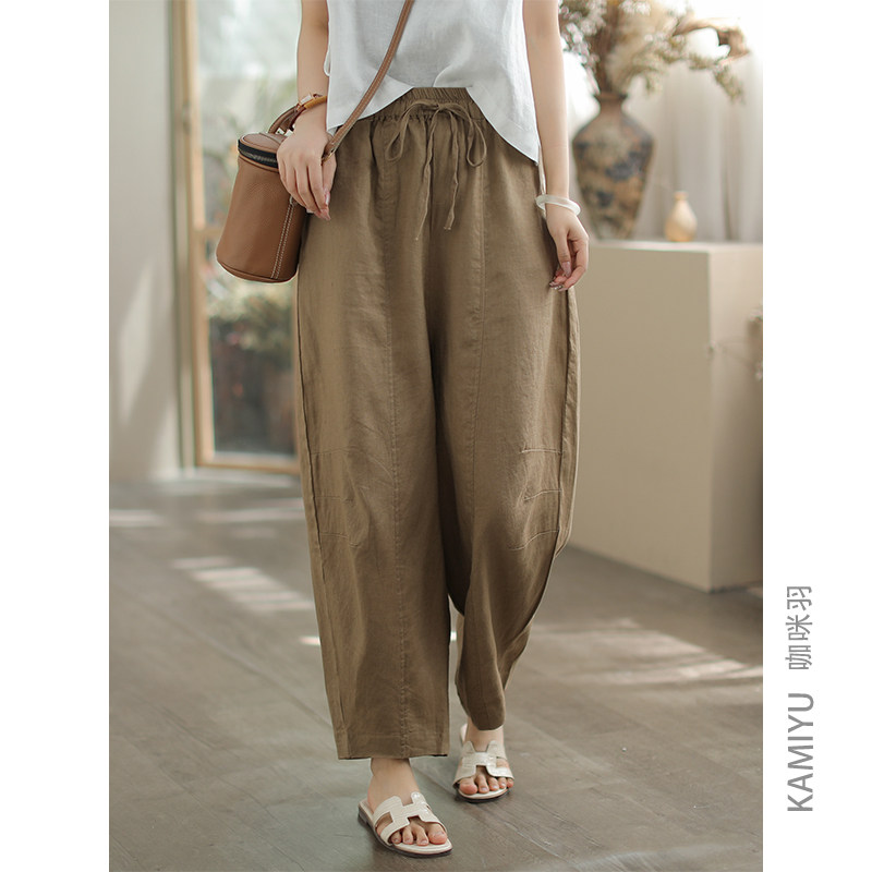 咖咪羽100%亚麻2025新款女士裤子宽松直筒拼接时尚显瘦女装休