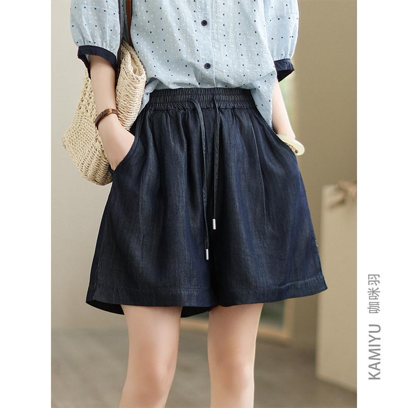 咖咪羽100%棉牛仔短裤女深蓝松紧腰时尚百搭简约直筒宽松女装短裤