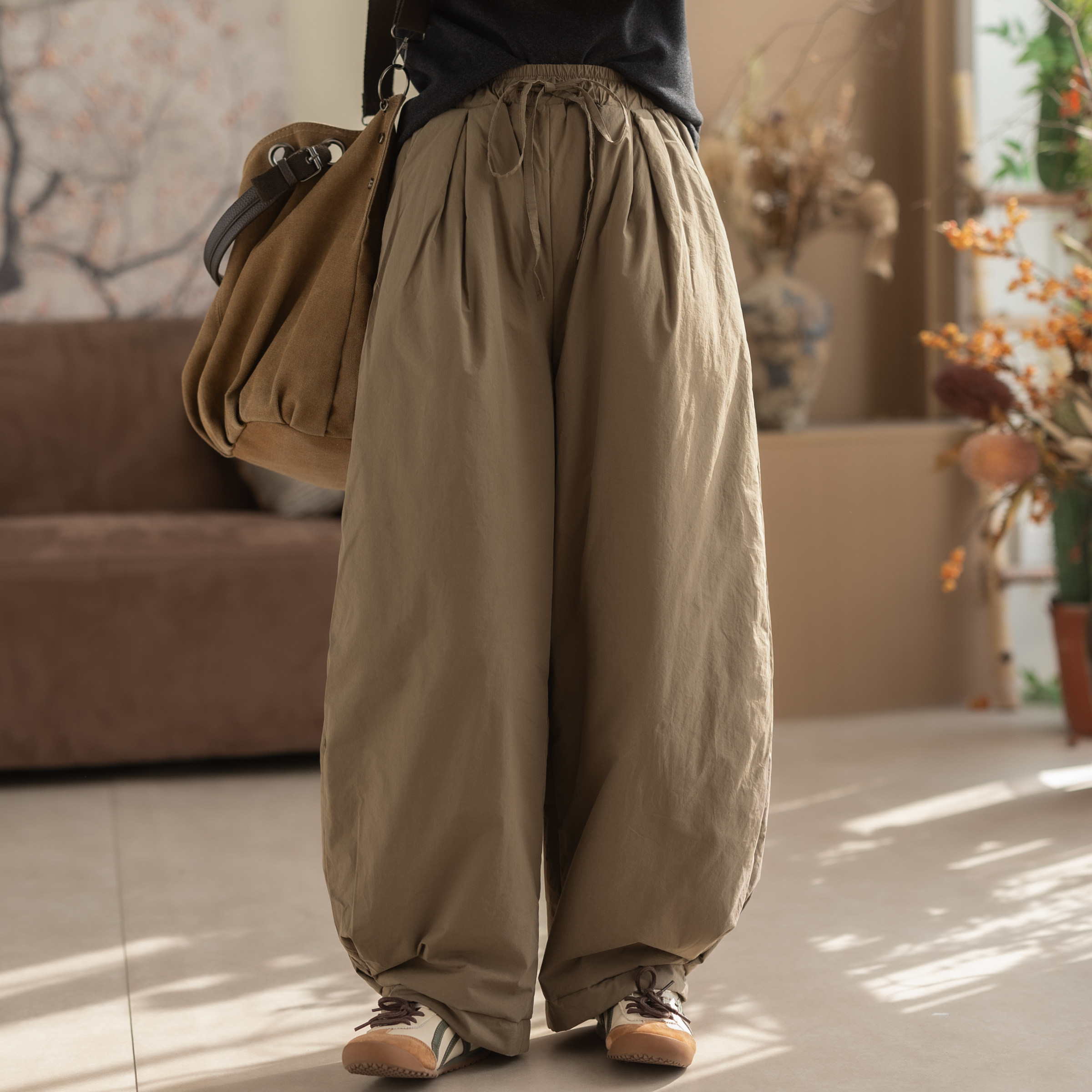 咖咪羽棉裤女秋冬新款女士宽松百搭复古洋气时尚阔腿通勤女装裤子