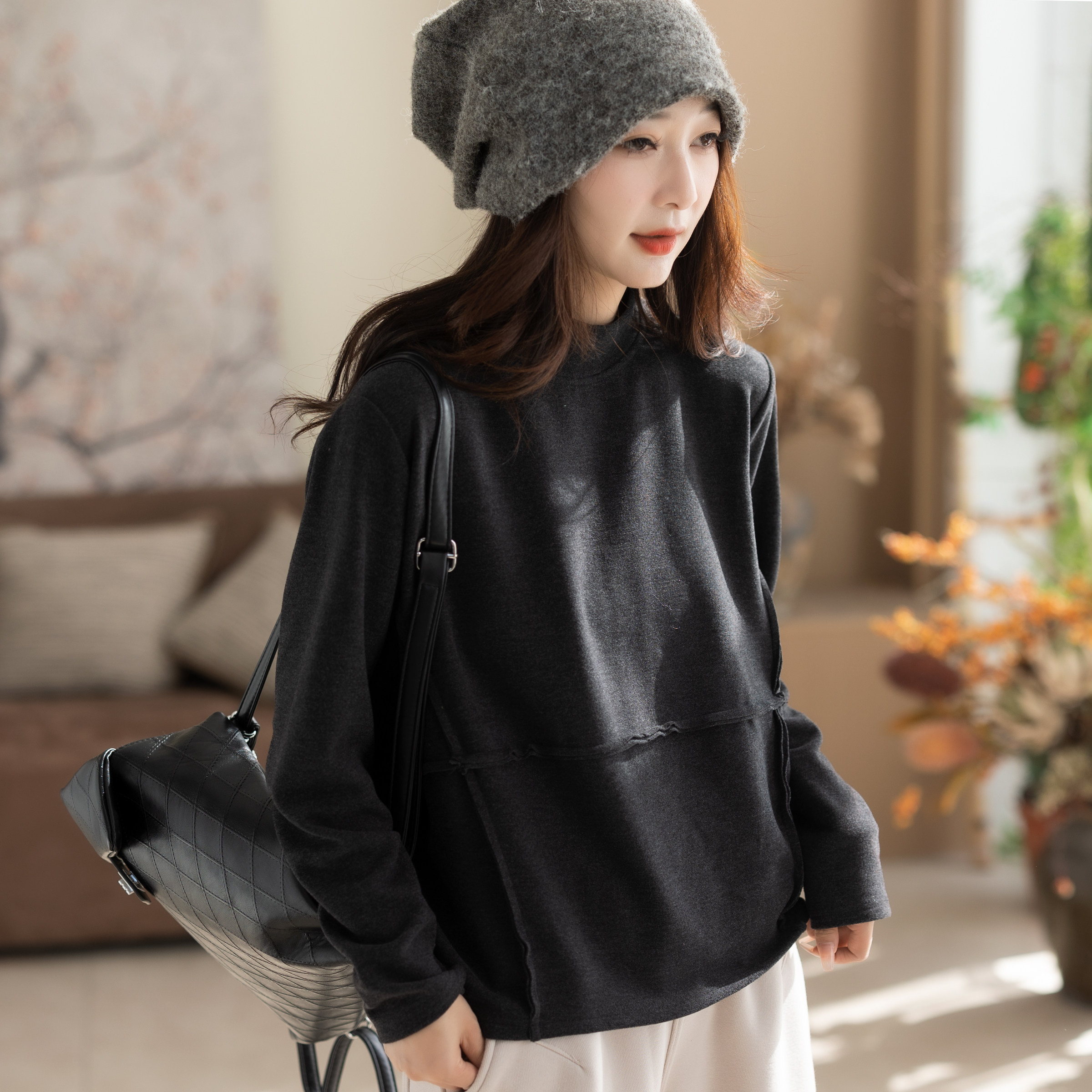 咖咪羽打底衫女秋冬新款女士半高领纯色宽松拼接复古百搭女装上衣