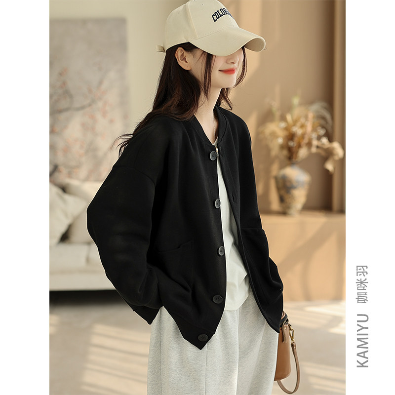 咖咪羽外套女秋季新款女士纯色落肩袖棒球领时尚宽松拼接女装上衣