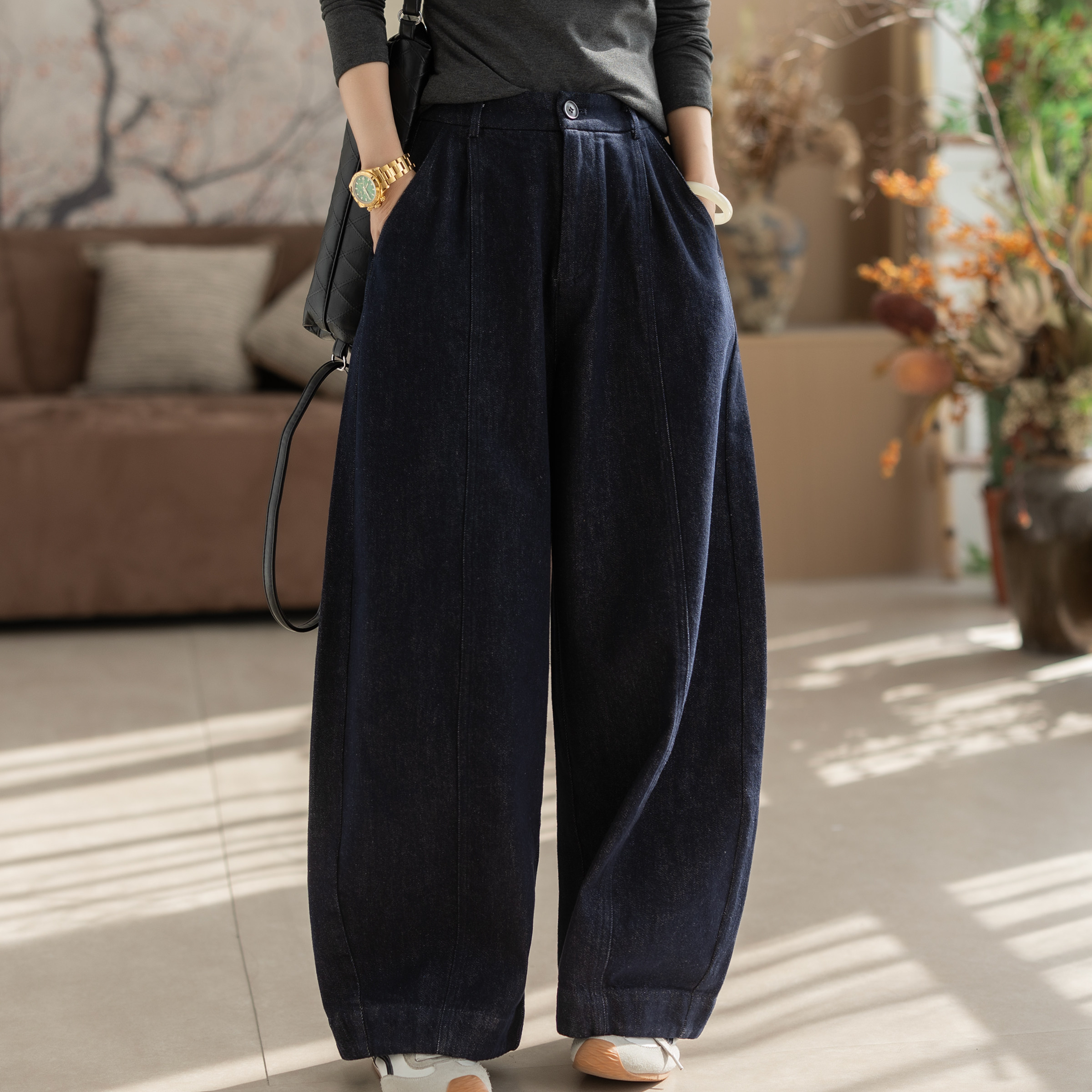 咖咪羽牛仔裤女秋冬新款文艺女士深蓝复古直筒哈伦宽松女装裤子 - 咖咪羽文艺休闲女装出品