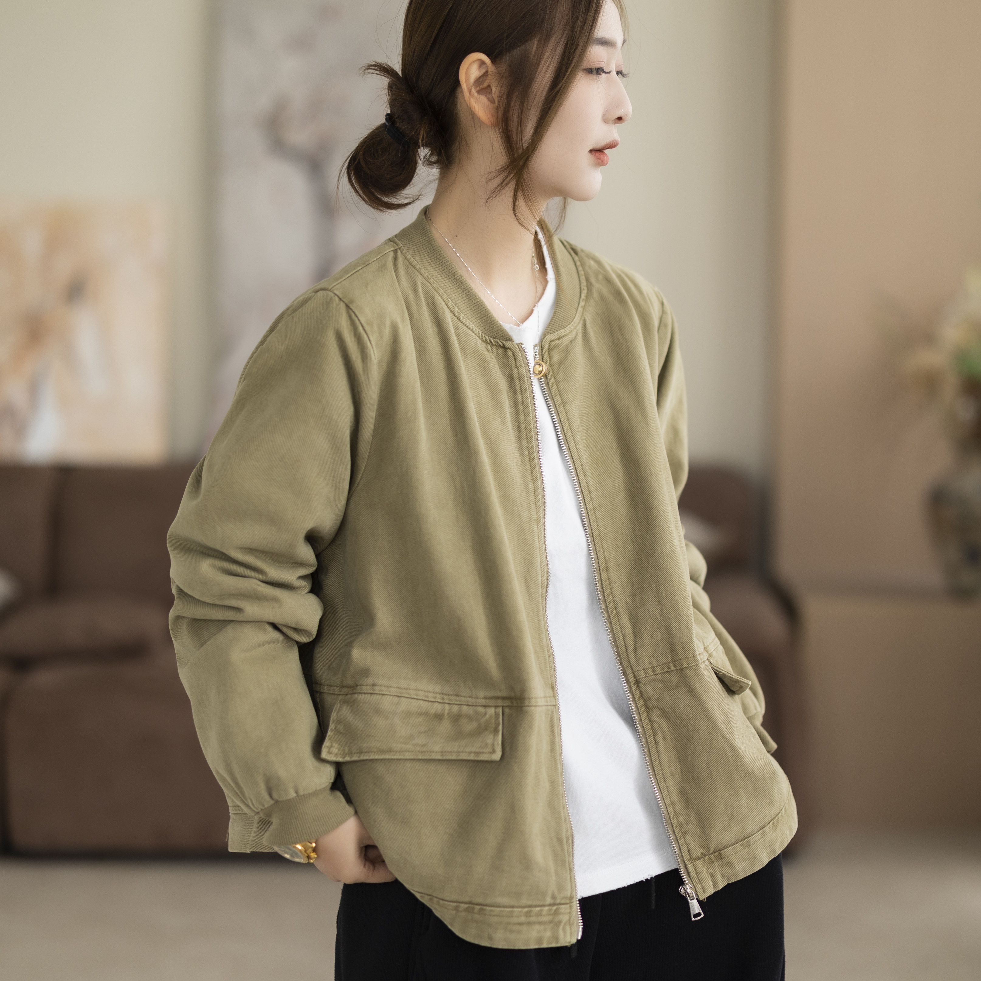 咖咪羽全棉外套女新款女士纯色复古文艺休闲宽松通勤女装流行上衣