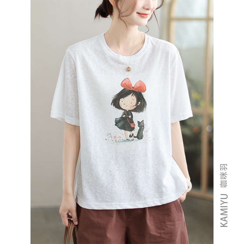 咖咪羽短袖女夏装2025新款圆领宽松白色简约文艺休闲印花女装T恤