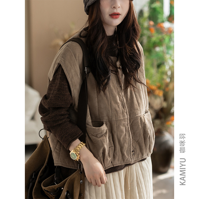 咖咪羽全棉马甲女秋冬新款女士宽松复古流行好看女装上衣马夹外套